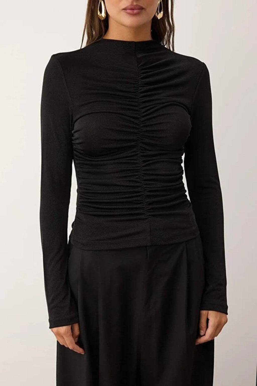 Stand Collar Knit Blouse with Gathered Detail