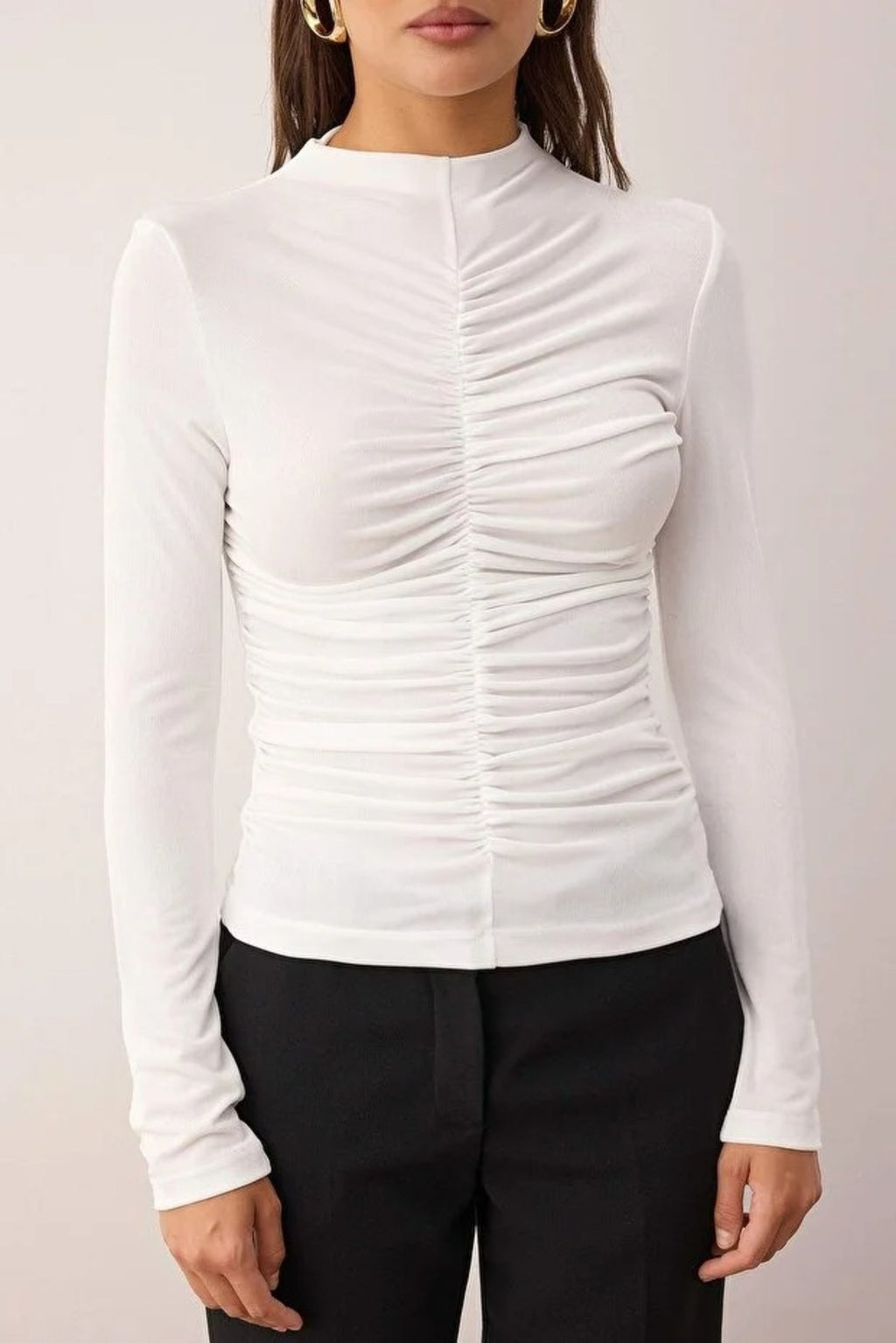 Stand Collar Knit Blouse with Gathered Detail