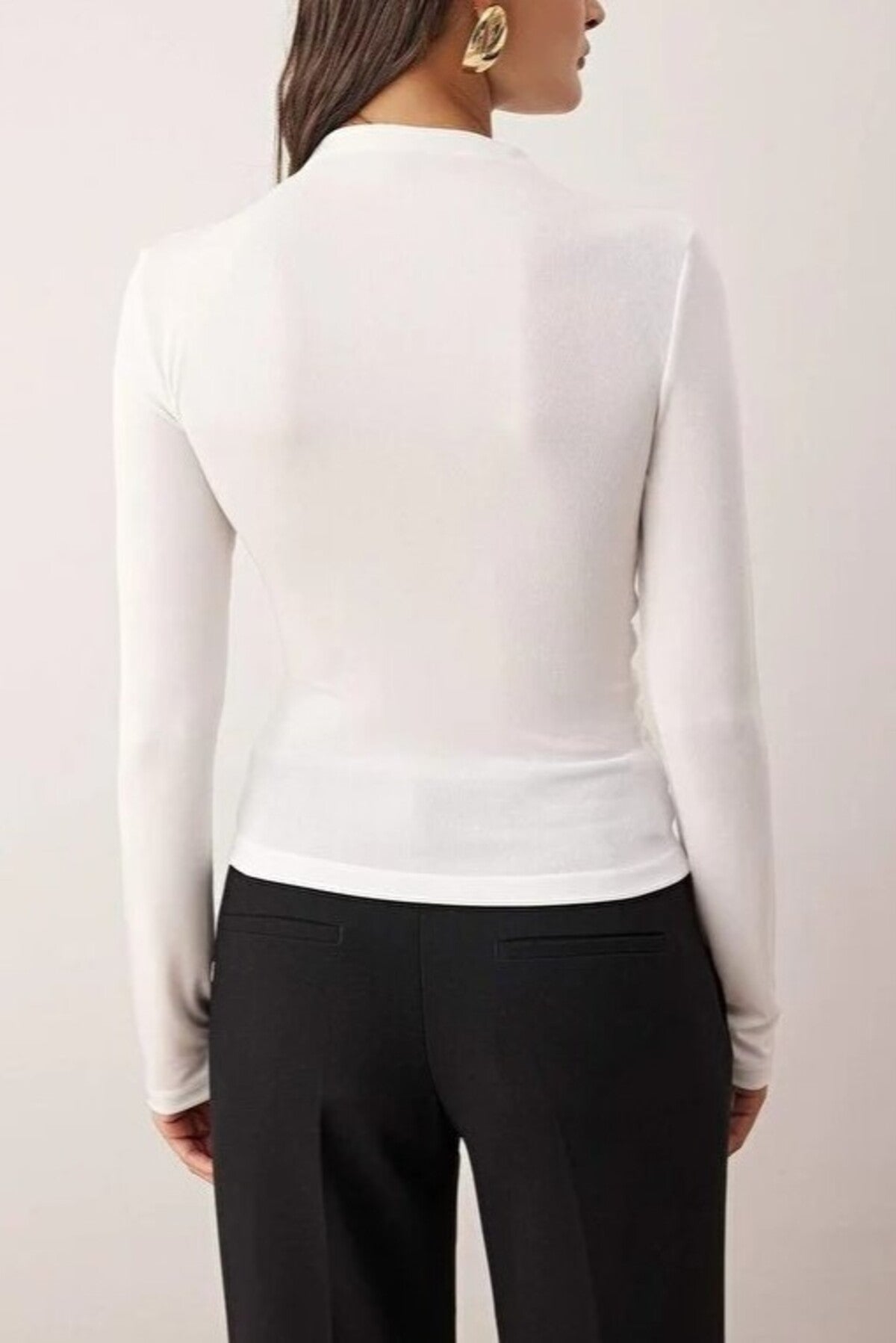 Stand Collar Knit Blouse with Gathered Detail