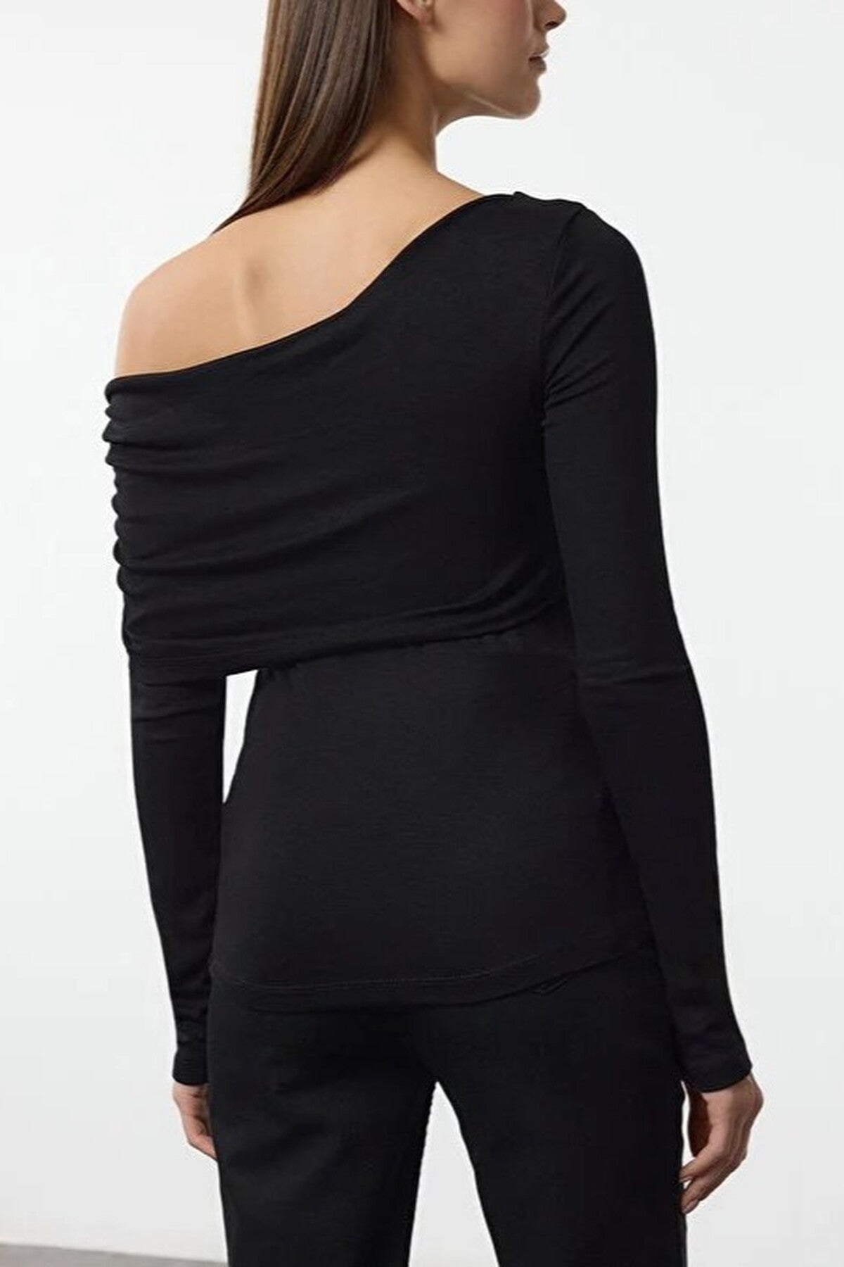 Asymmetrical Collar Flexible Knit Blouse