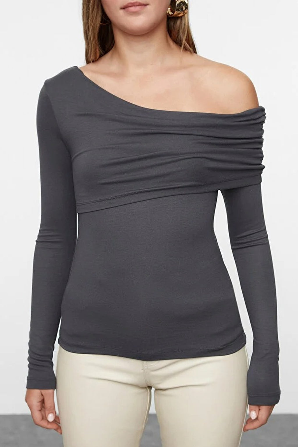 Asymmetrical Collar Flexible Knit Blouse