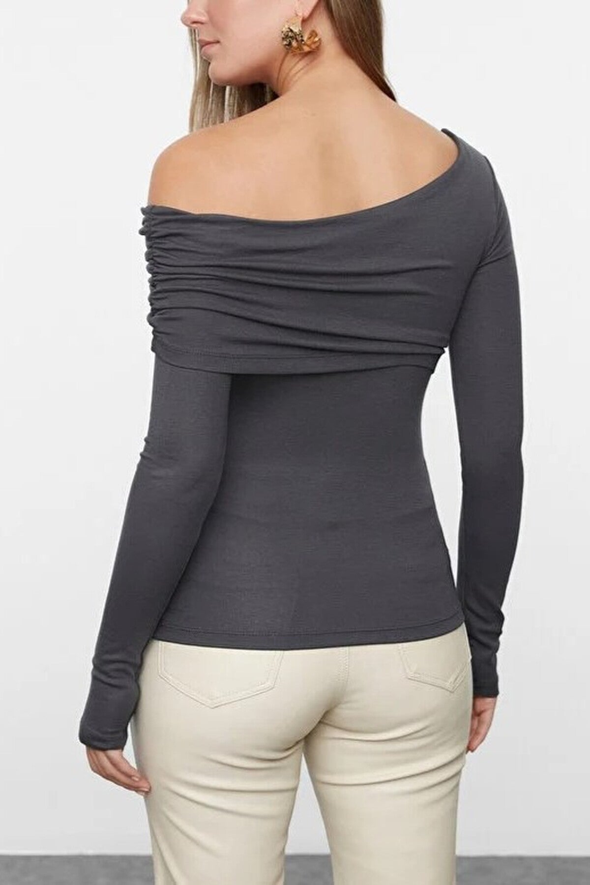 Asymmetrical Collar Flexible Knit Blouse