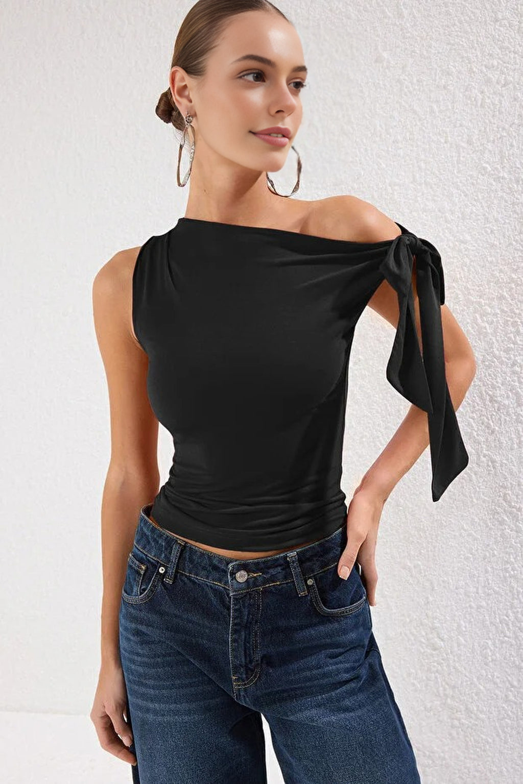 Knit Blouse with Asymmetrical Collar Tie Detail