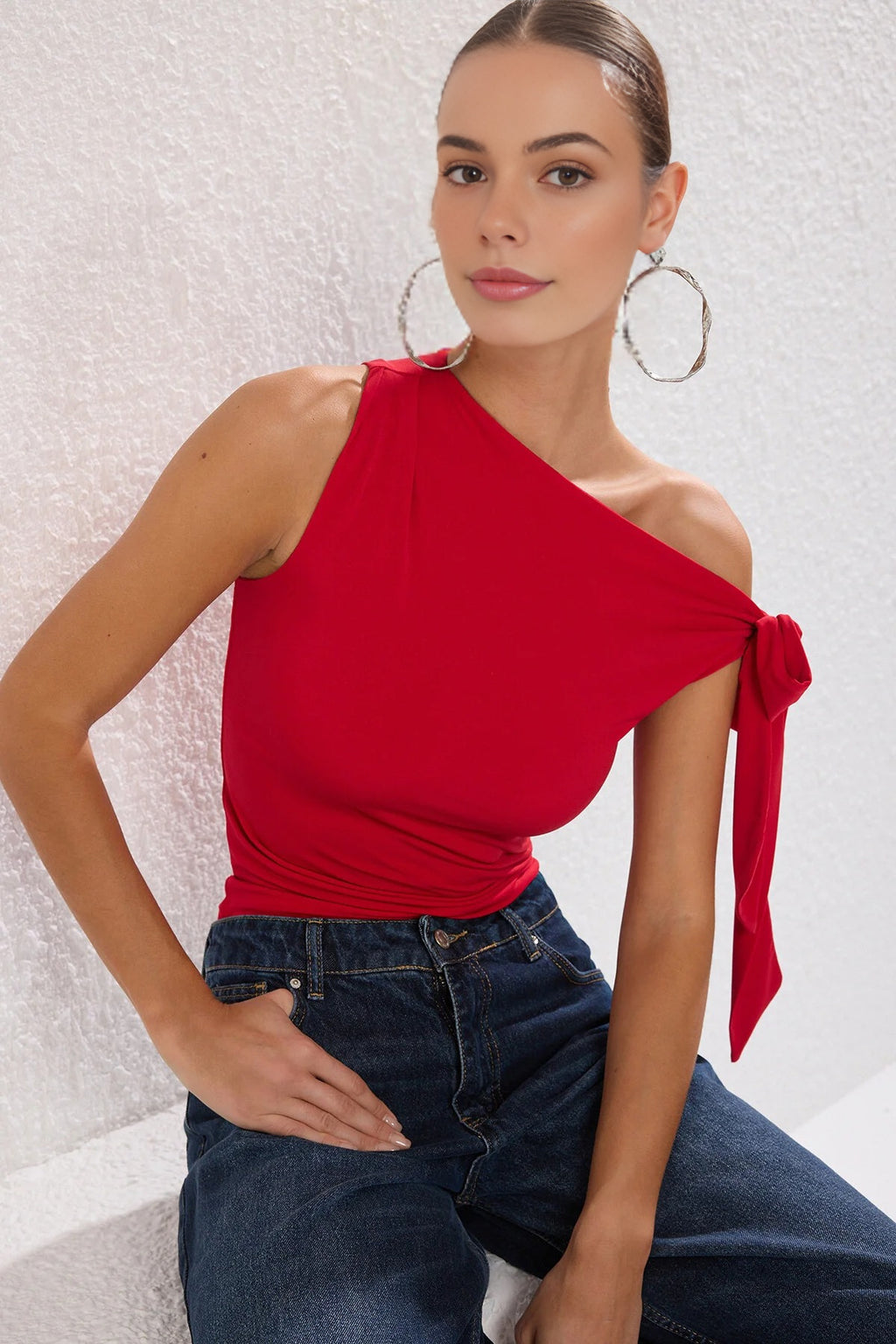 Knit Blouse with Asymmetrical Collar Tie Detail