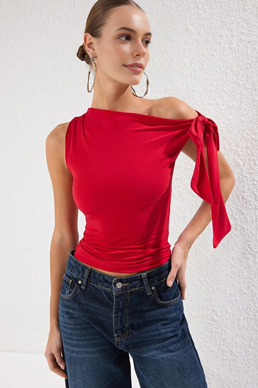 Knit Blouse with Asymmetrical Collar Tie Detail