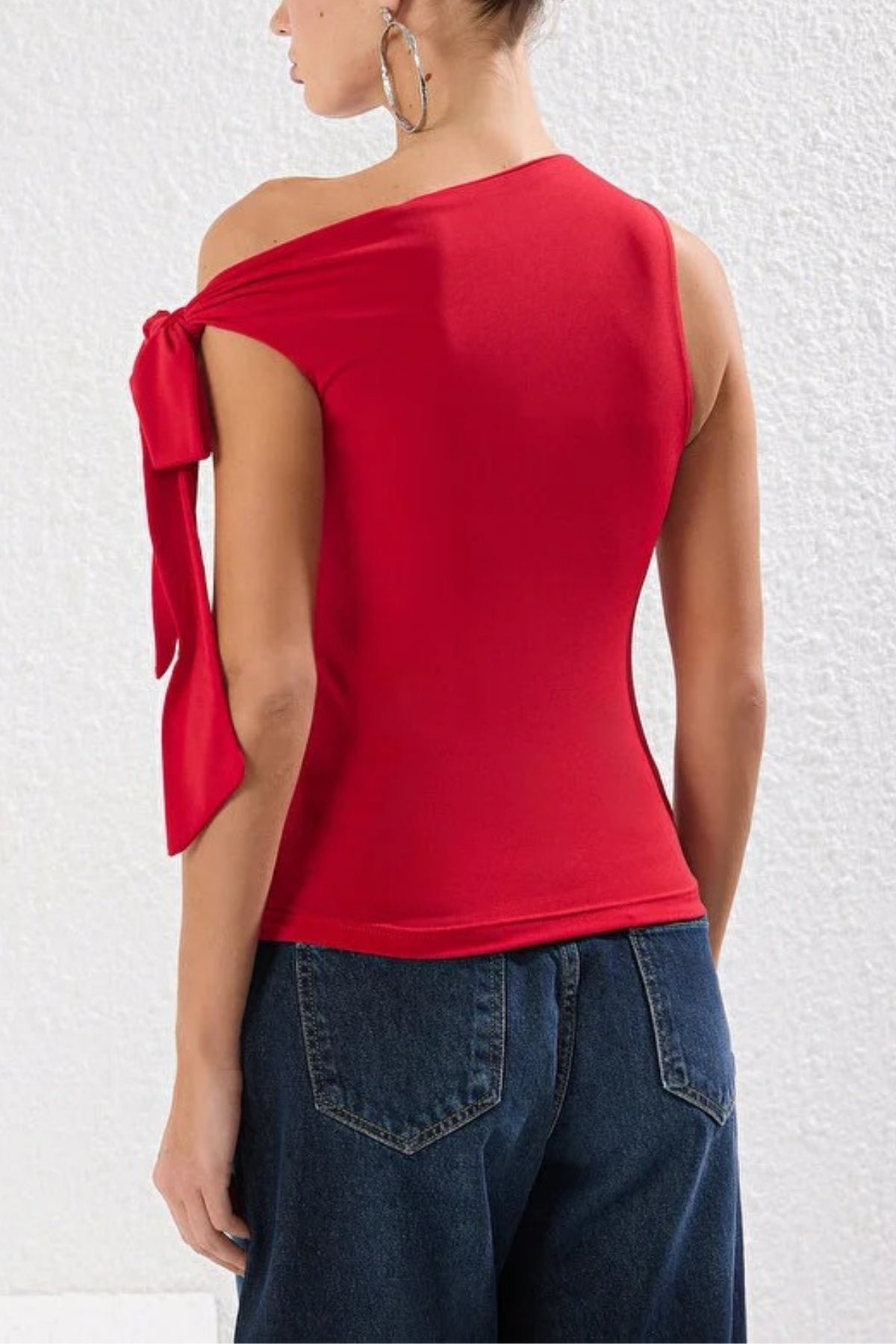 Knit Blouse with Asymmetrical Collar Tie Detail