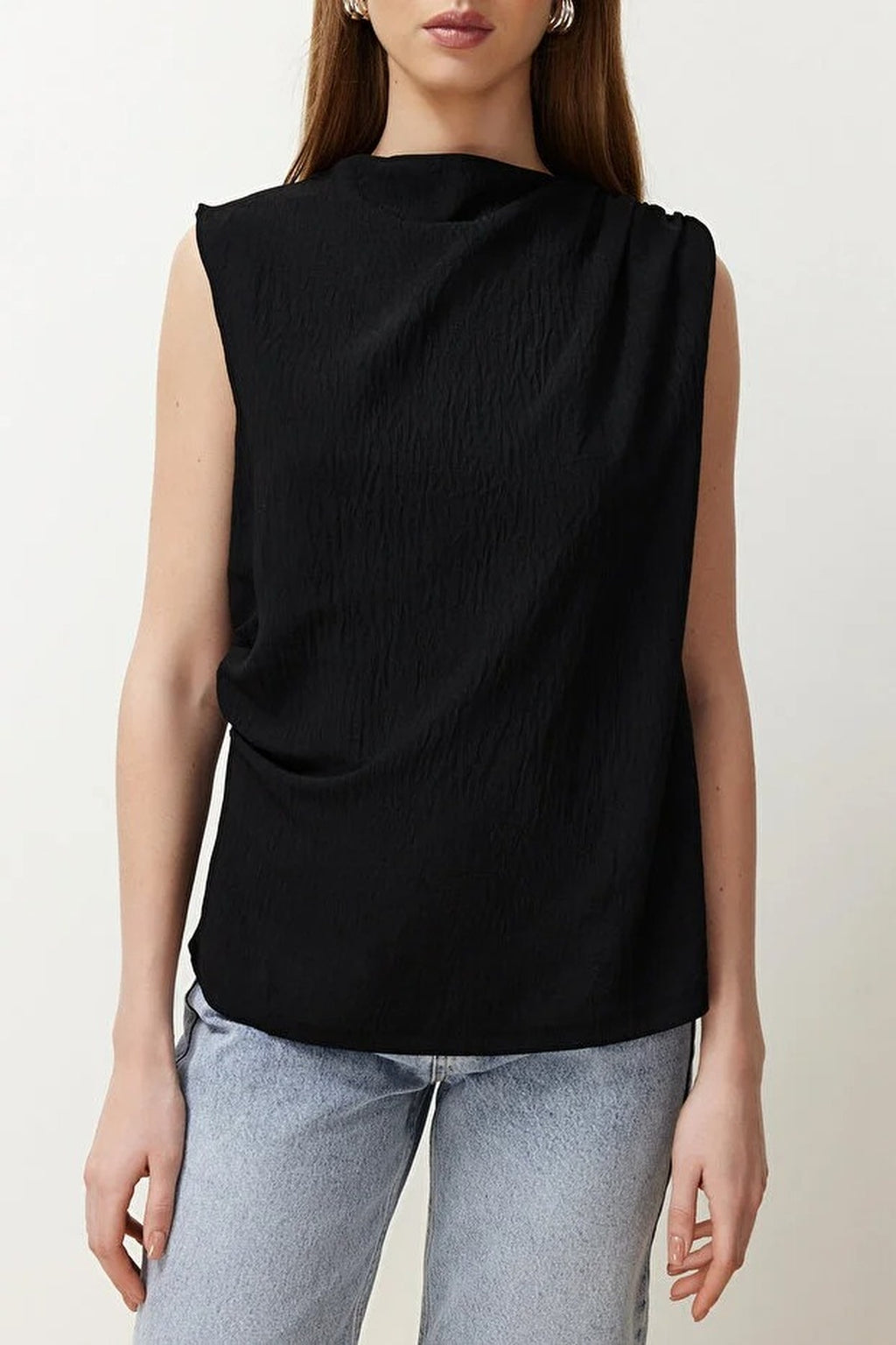 Crew Neck Woven Blouse with Gathering Detail