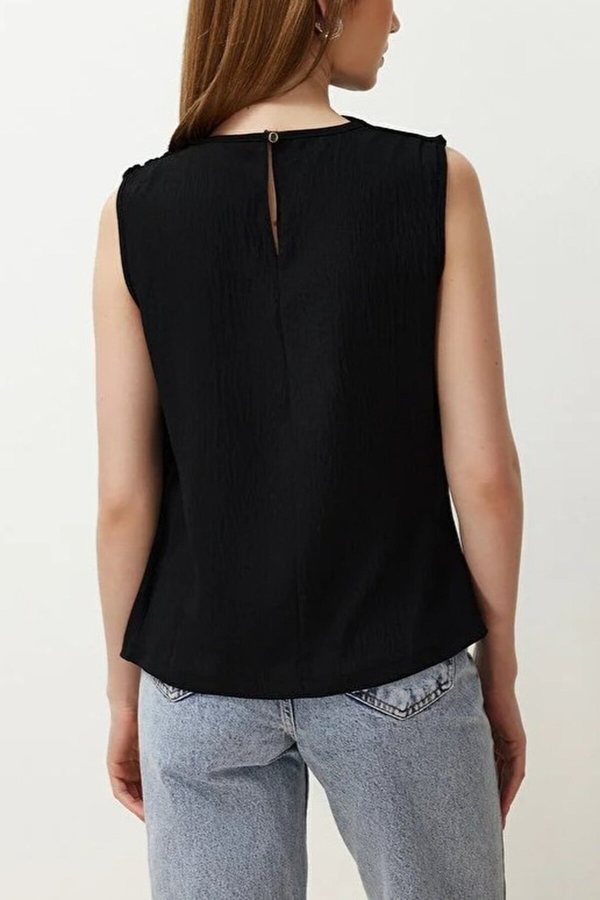 Crew Neck Woven Blouse with Gathering Detail