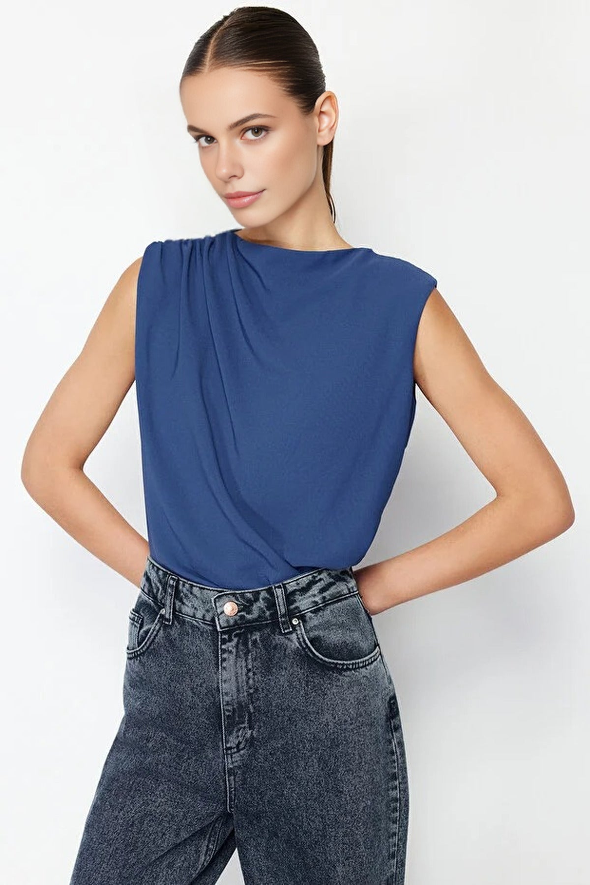 Crew Neck Woven Blouse with Gathering Detail