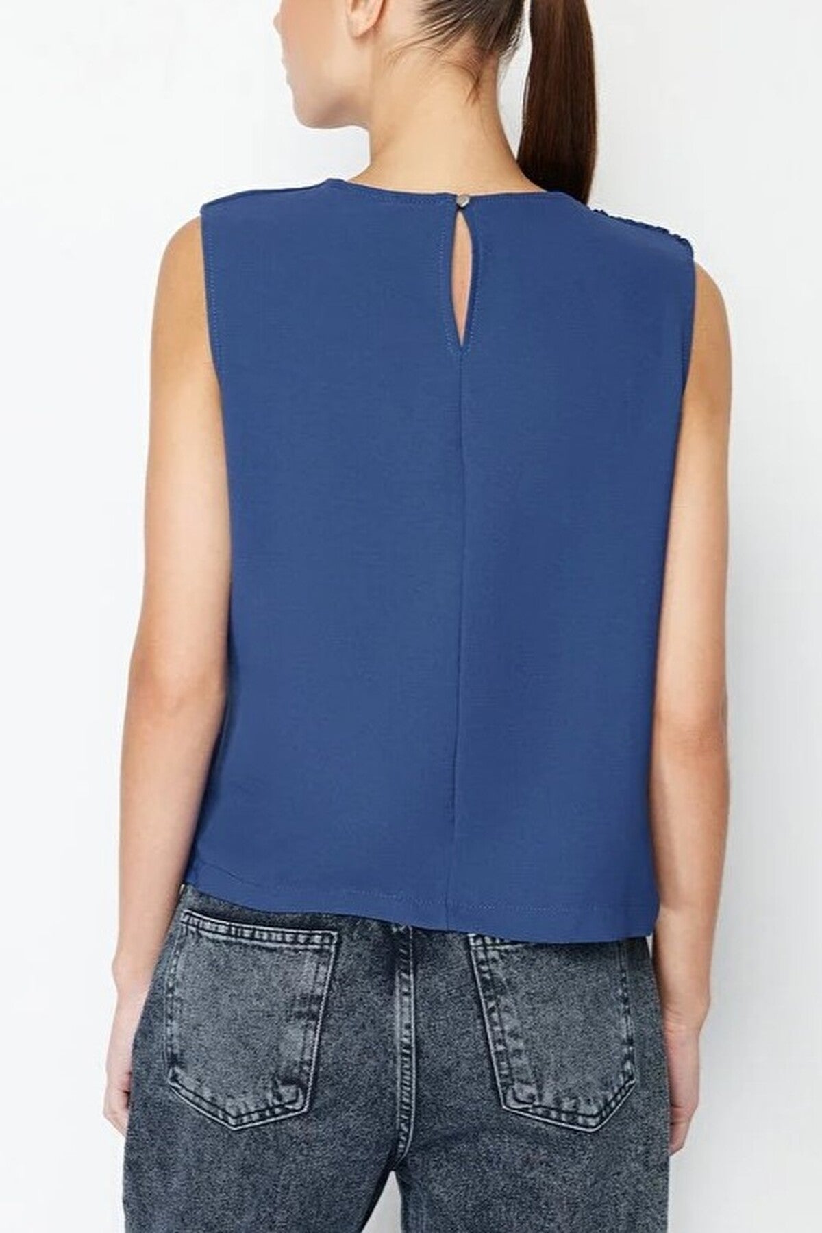 Crew Neck Woven Blouse with Gathering Detail