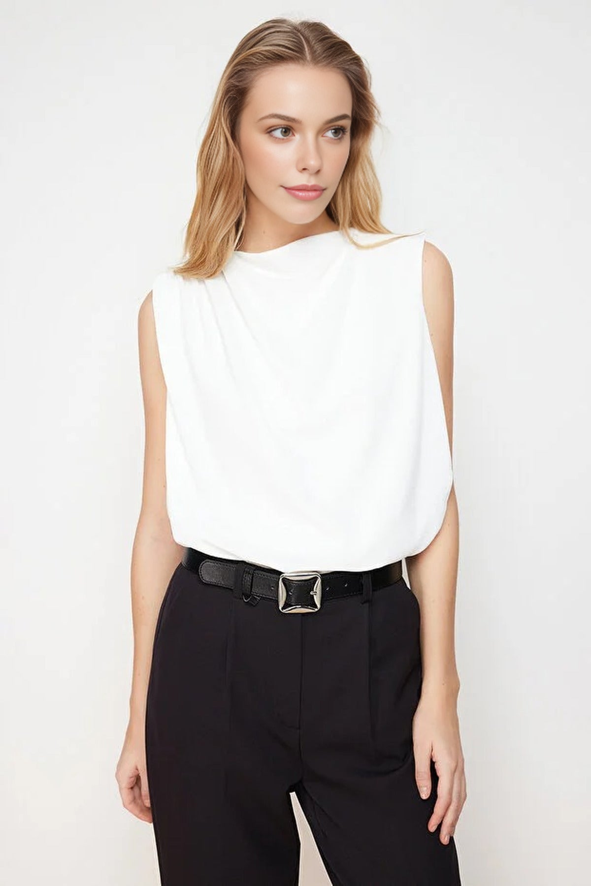 Crew Neck Woven Blouse with Gathering Detail