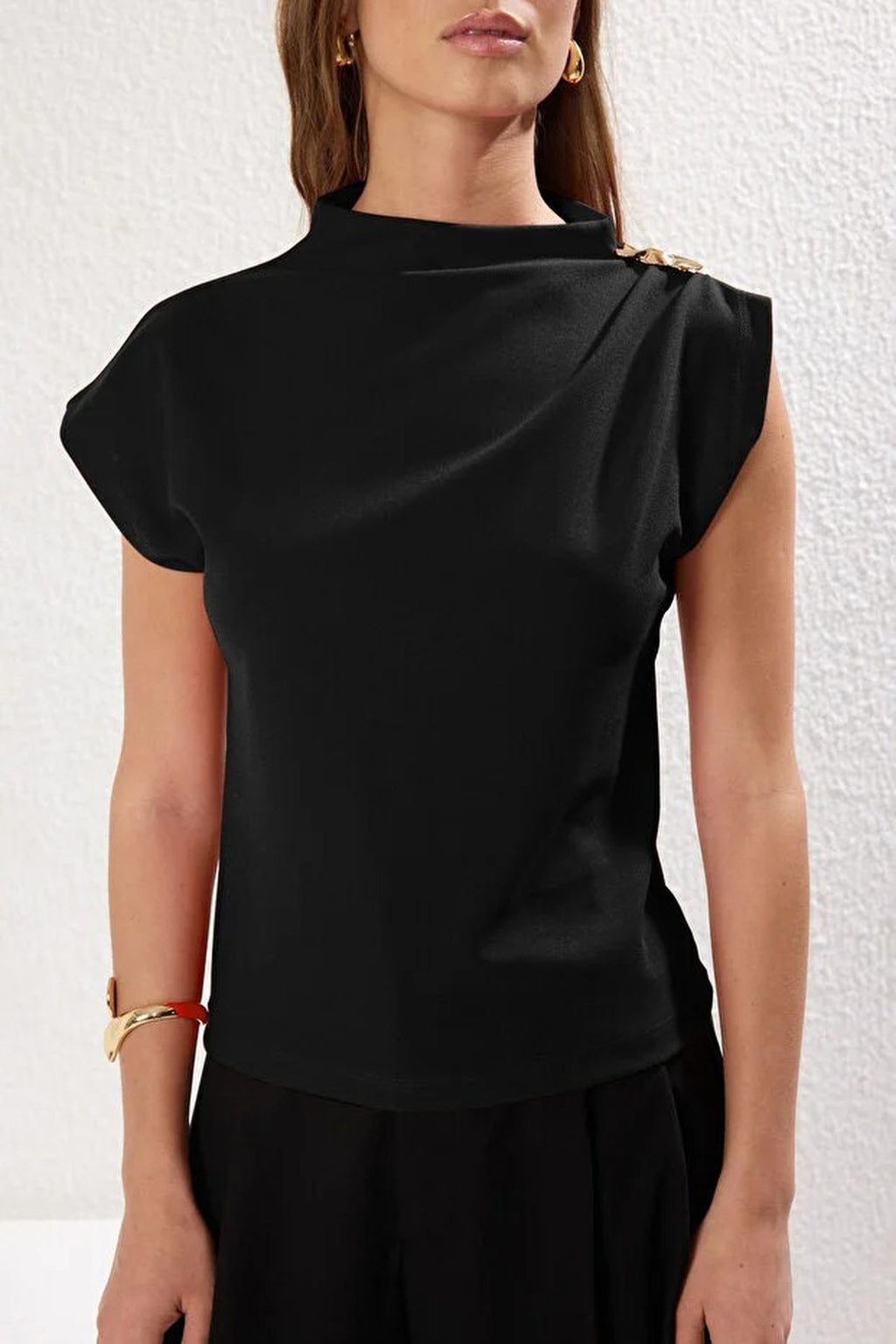 Draped Stretch Knit Blouse with Accessory Detail