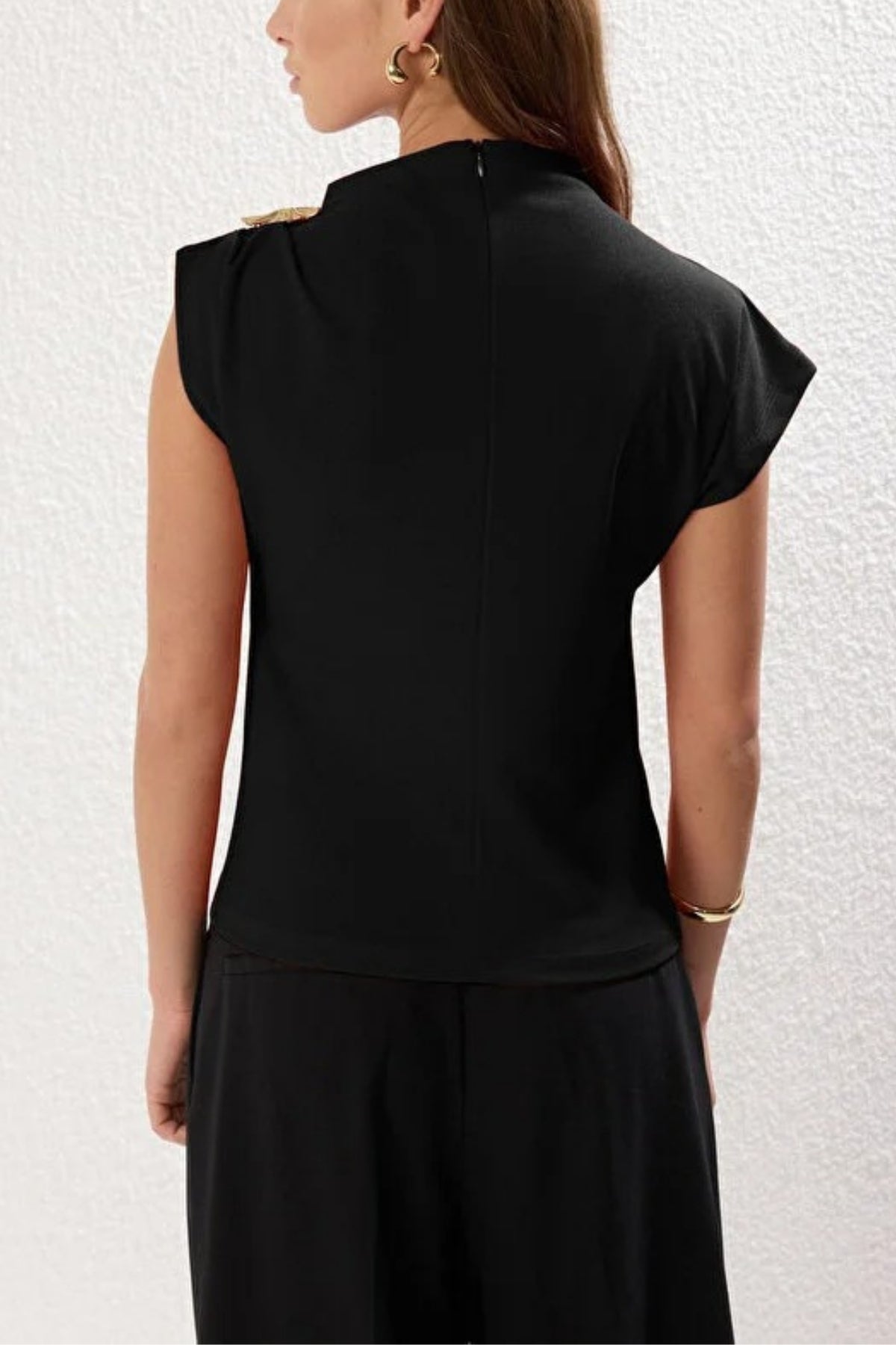 Draped Stretch Knit Blouse with Accessory Detail