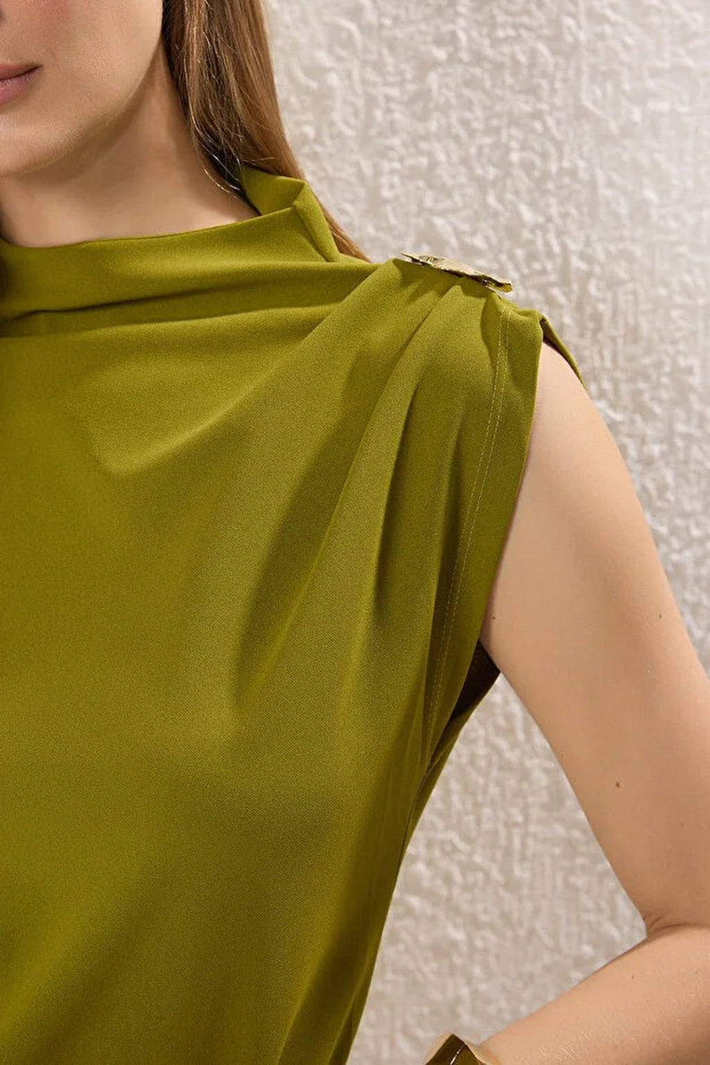 Draped Stretch Knit Blouse with Accessory Detail