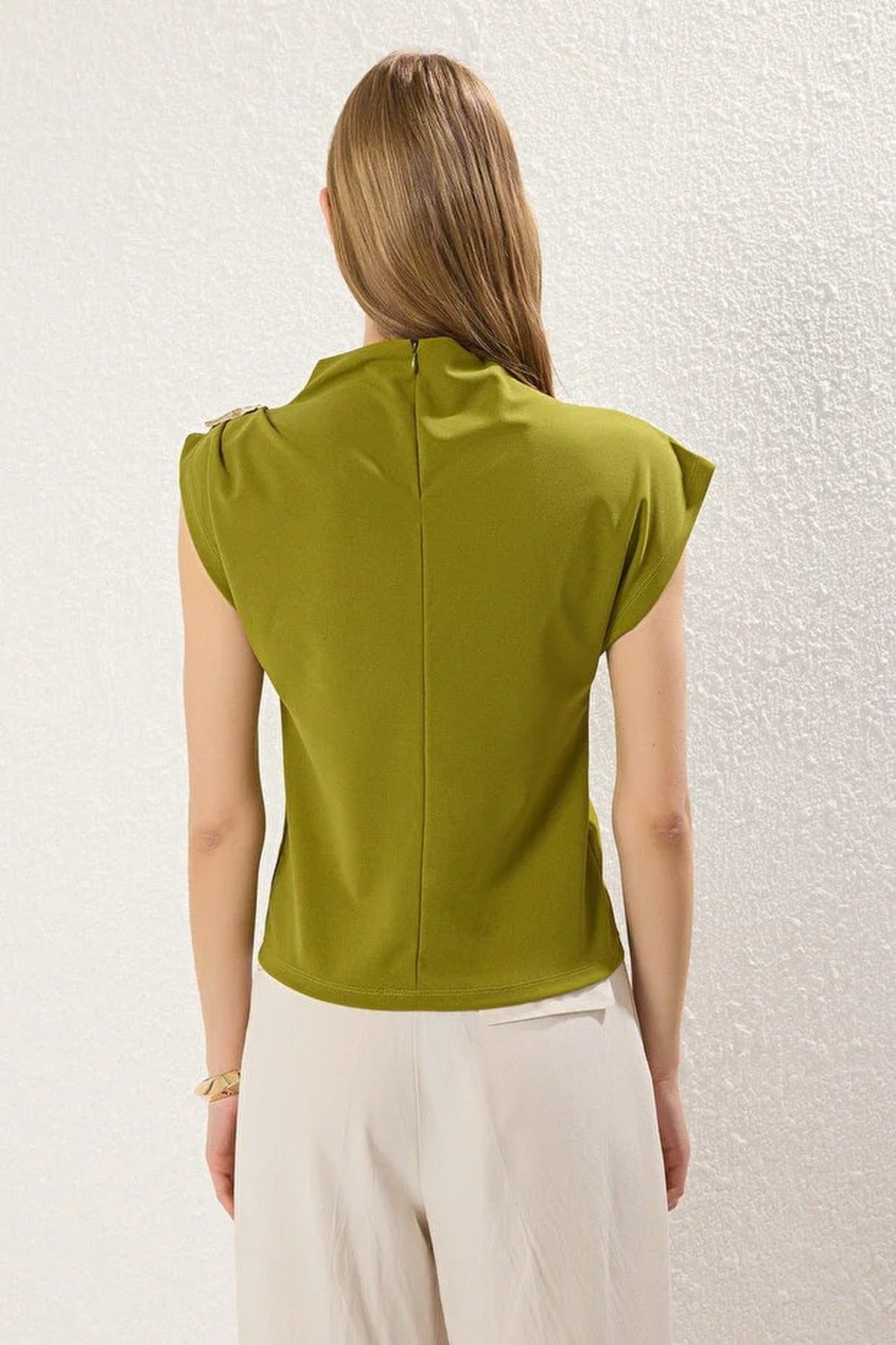 Draped Stretch Knit Blouse with Accessory Detail