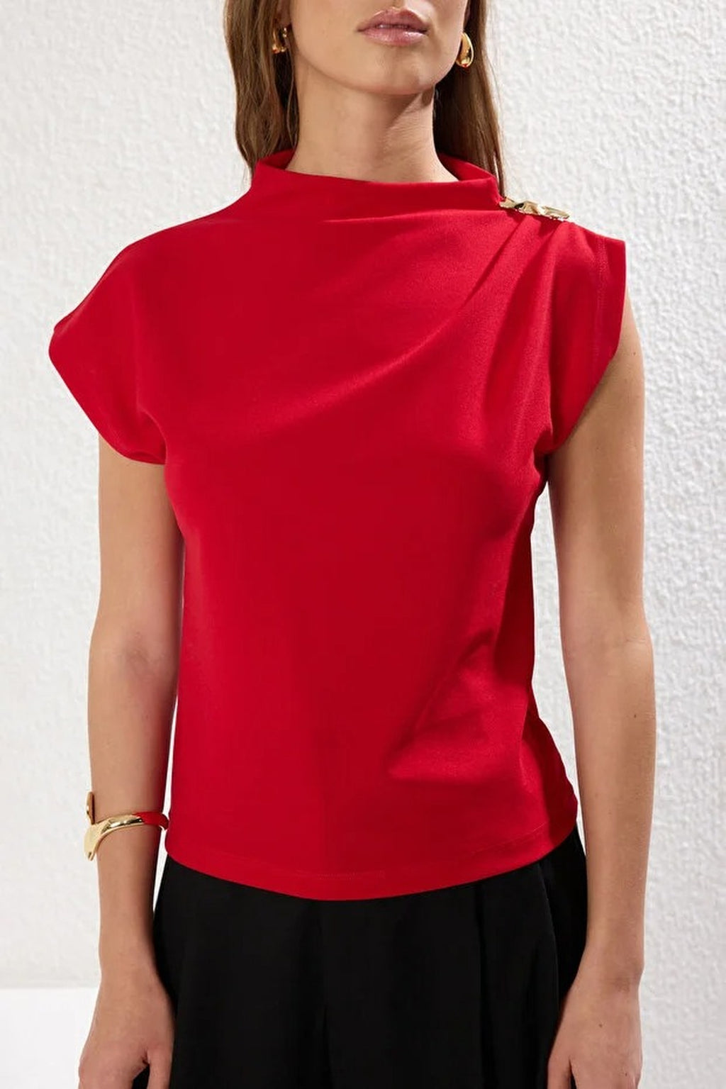 Draped Stretch Knit Blouse with Accessory Detail