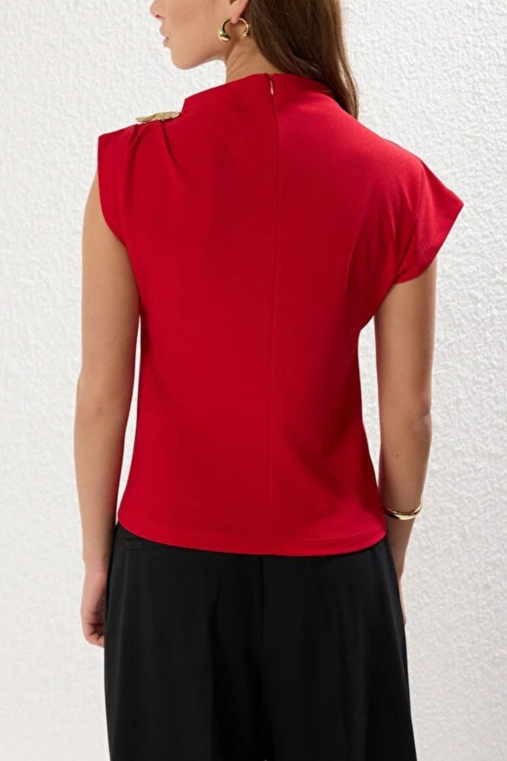 Draped Stretch Knit Blouse with Accessory Detail