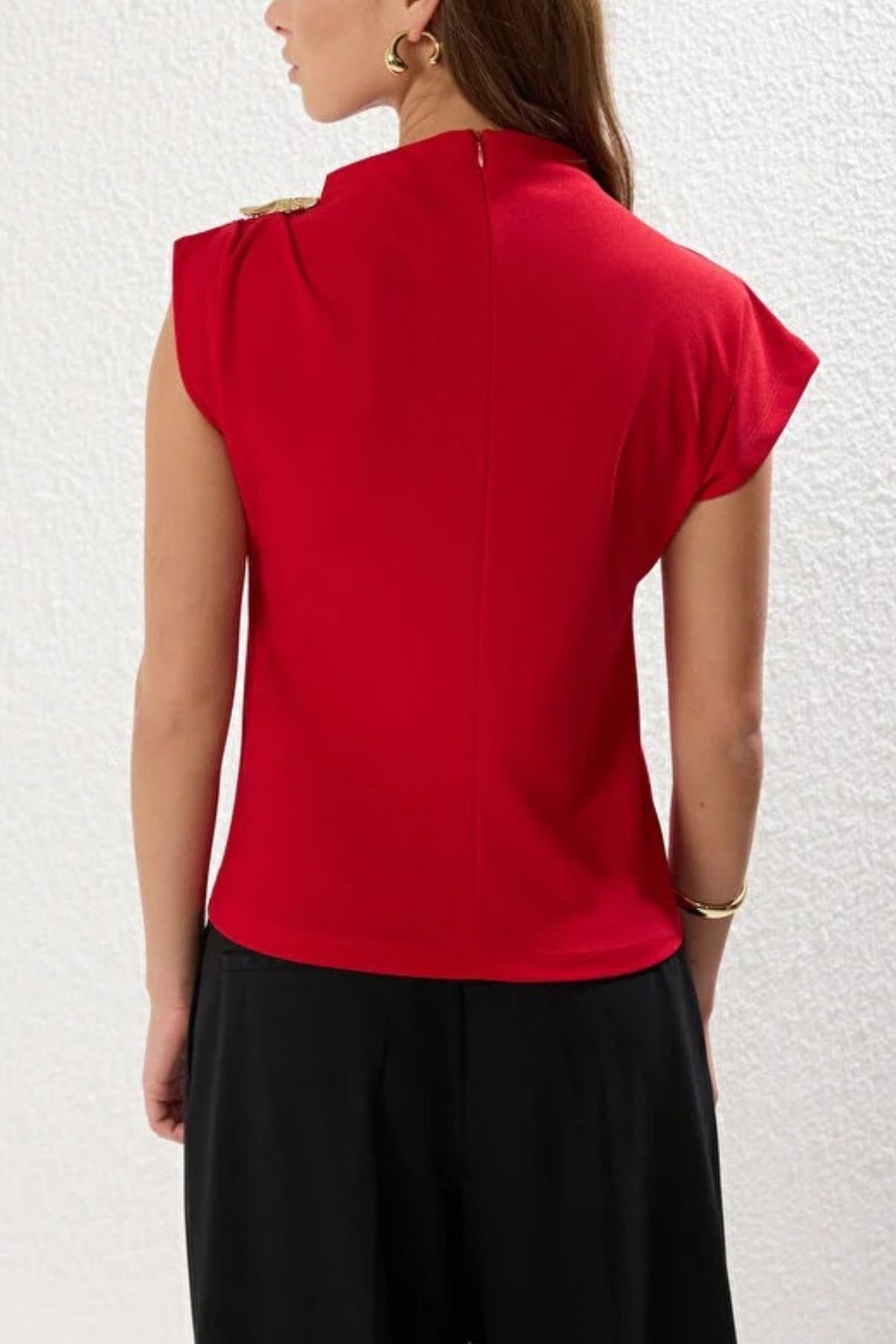Draped Stretch Knit Blouse with Accessory Detail