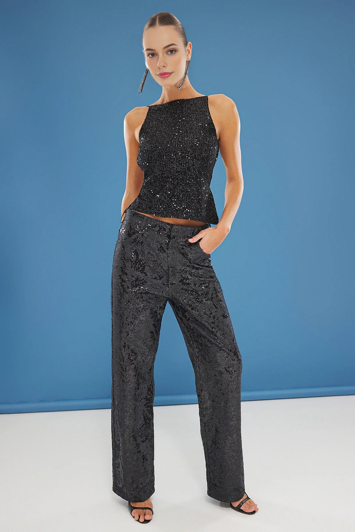 Glittery Sequin Knit Blouse with Back Detail