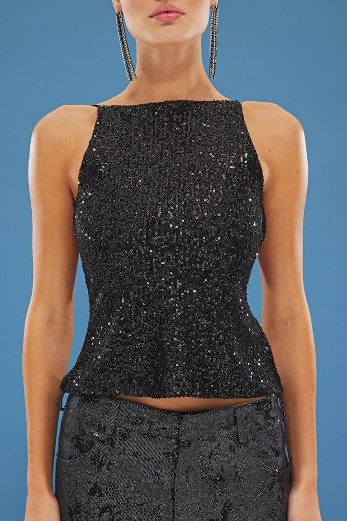 Glittery Sequin Knit Blouse with Back Detail