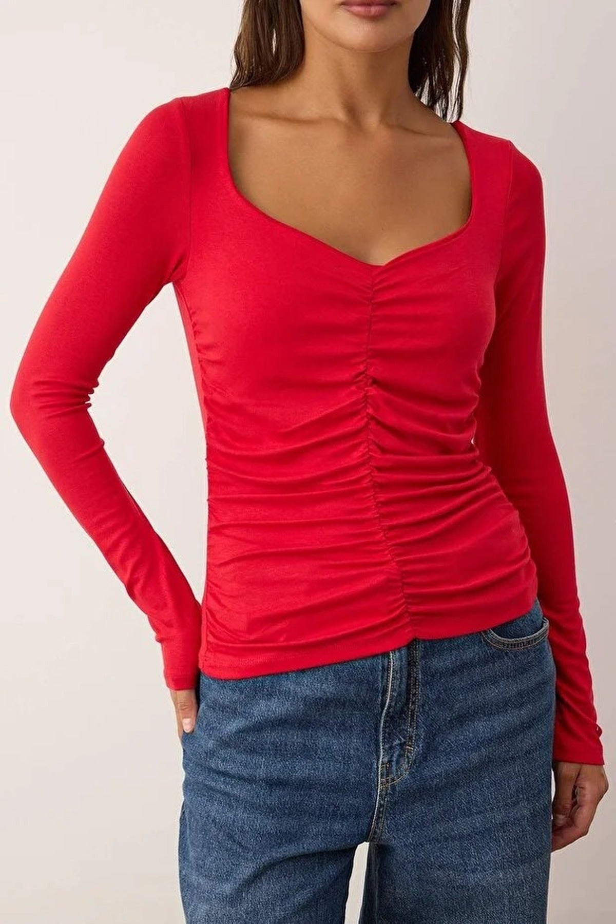 Pleated V-Neck Long Sleeve Knit Blouse