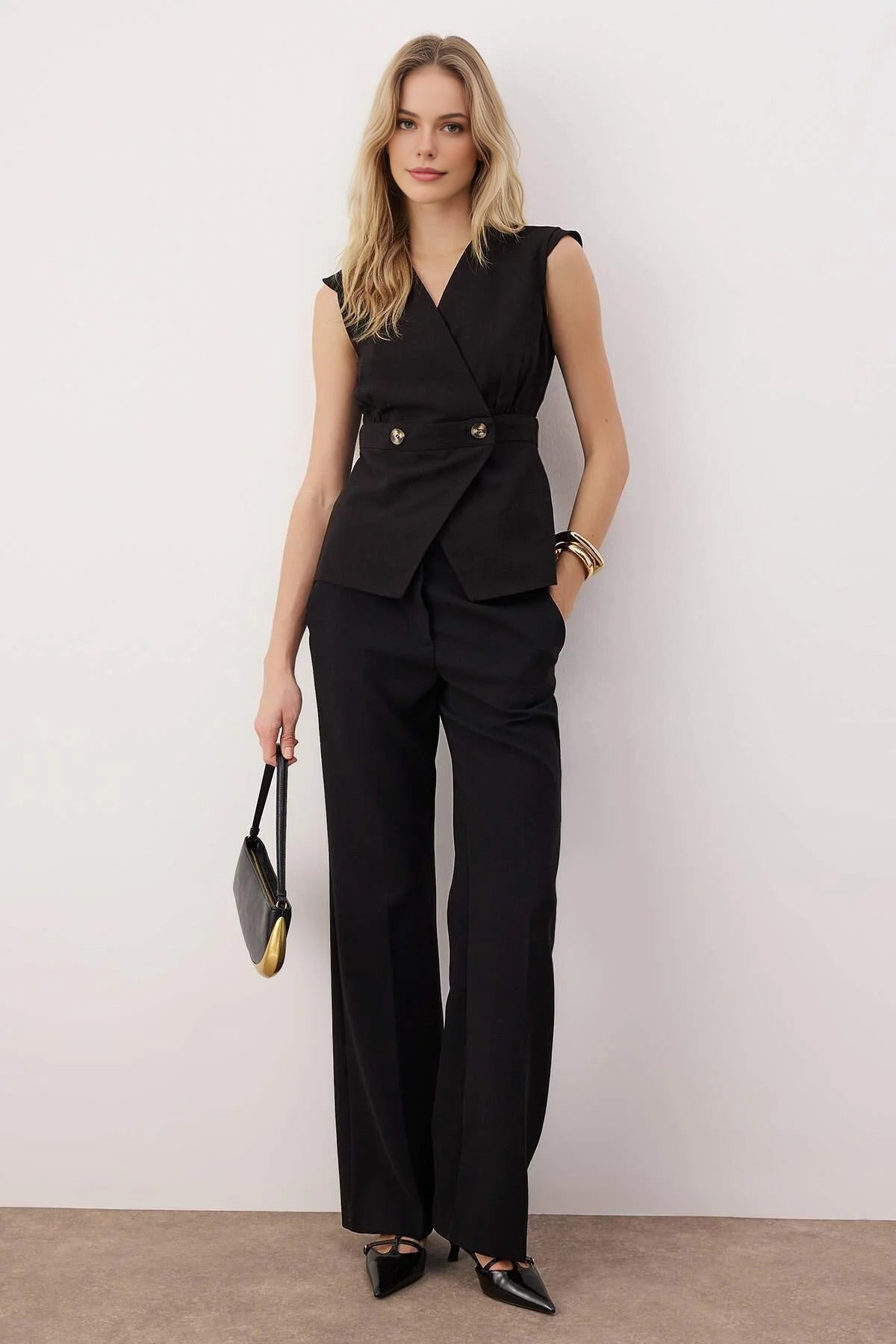 Double-Breasted Woven Blouse with Bone Button Detail