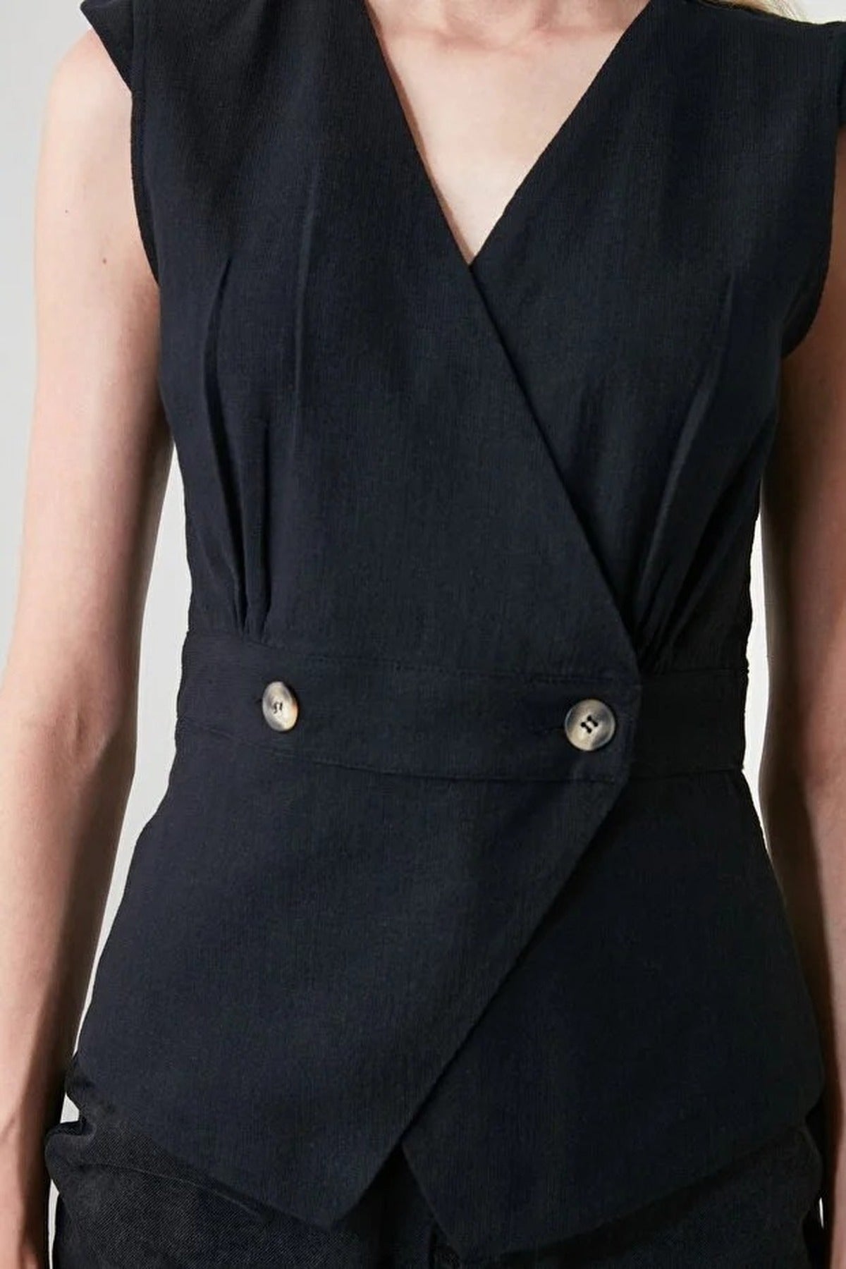 Double-Breasted Woven Blouse with Bone Button Detail