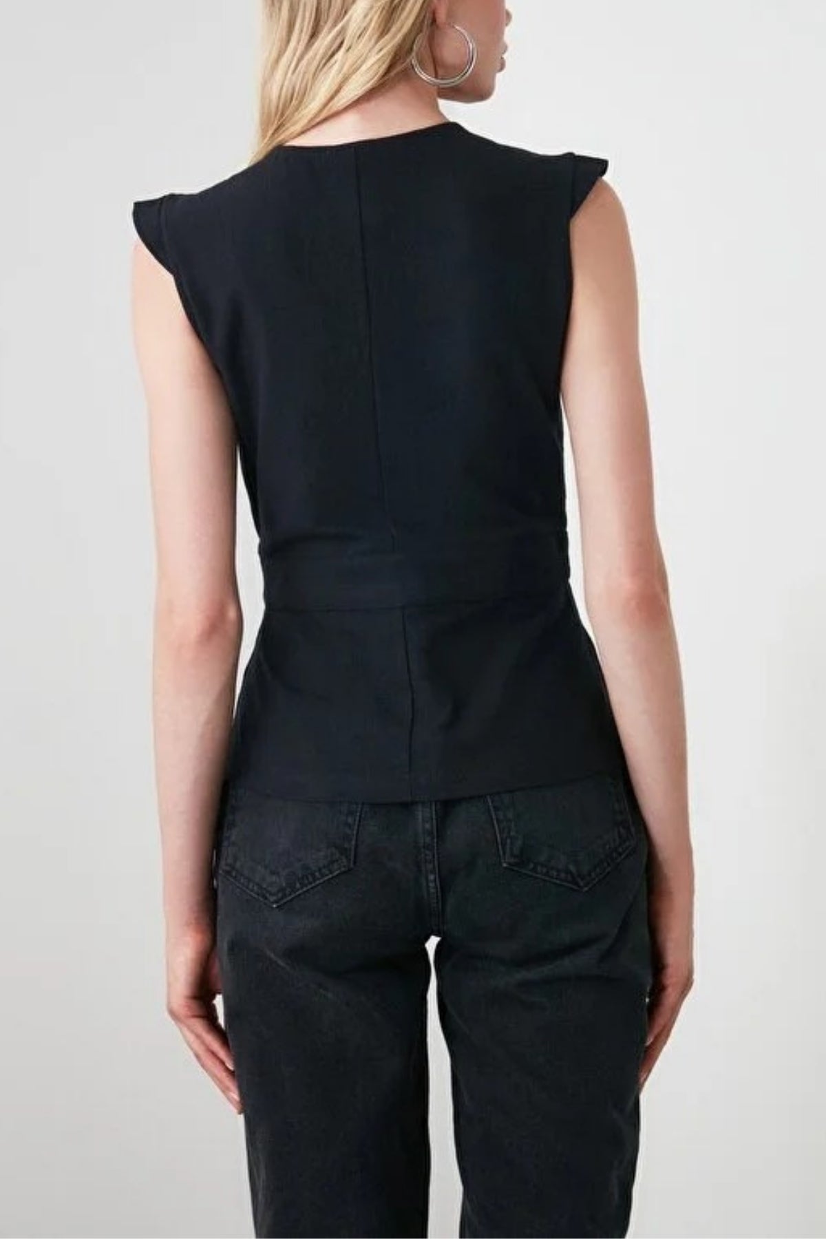 Double-Breasted Woven Blouse with Bone Button Detail