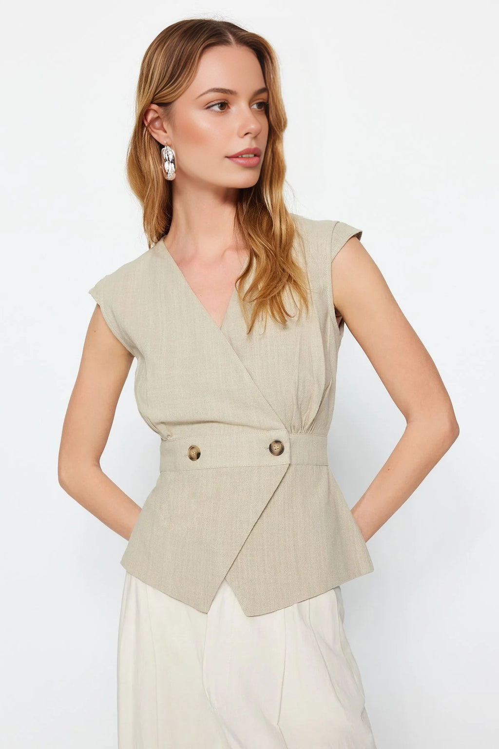 Double-Breasted Woven Blouse with Bone Button Detail