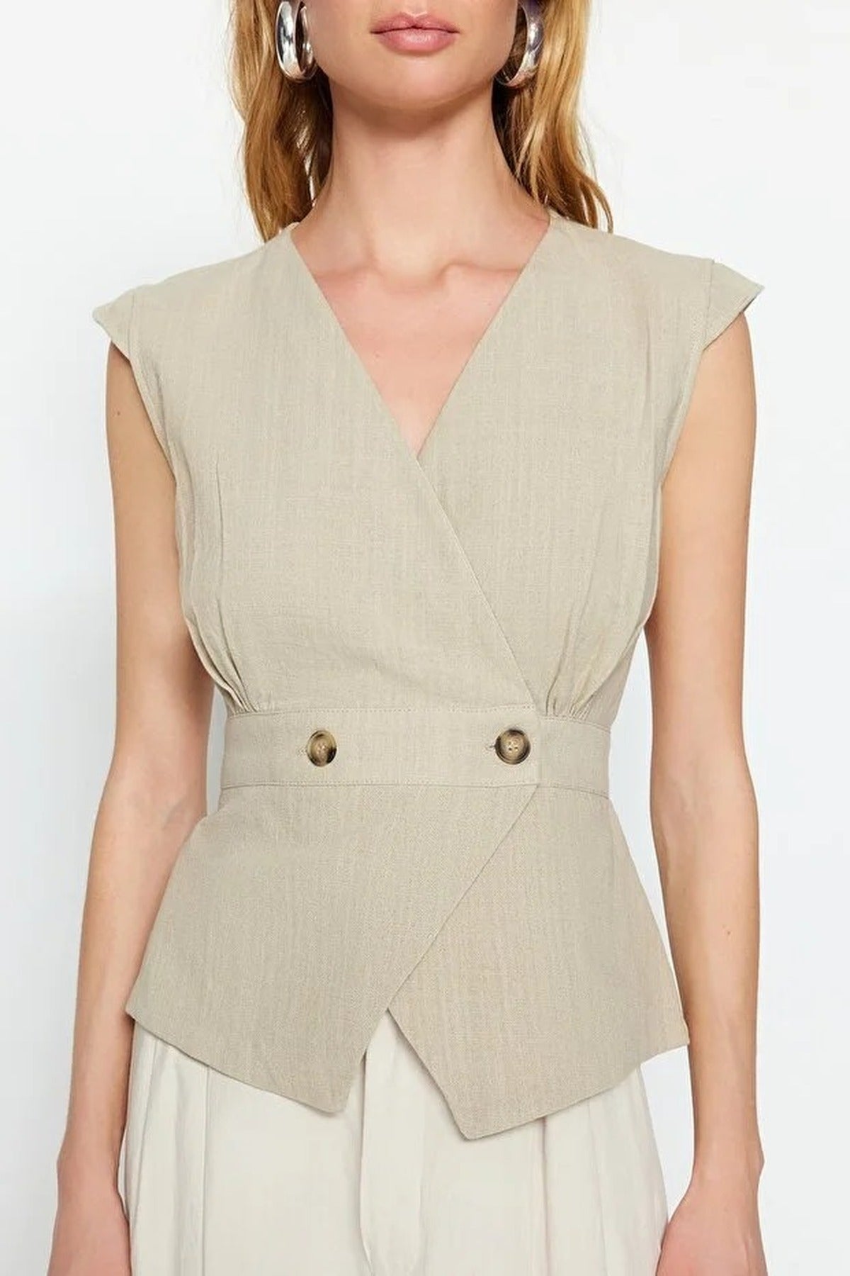 Double-Breasted Woven Blouse with Bone Button Detail