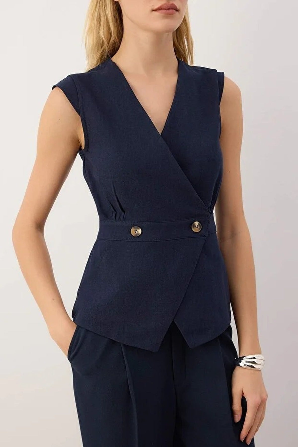 Double-Breasted Woven Blouse with Bone Button Detail