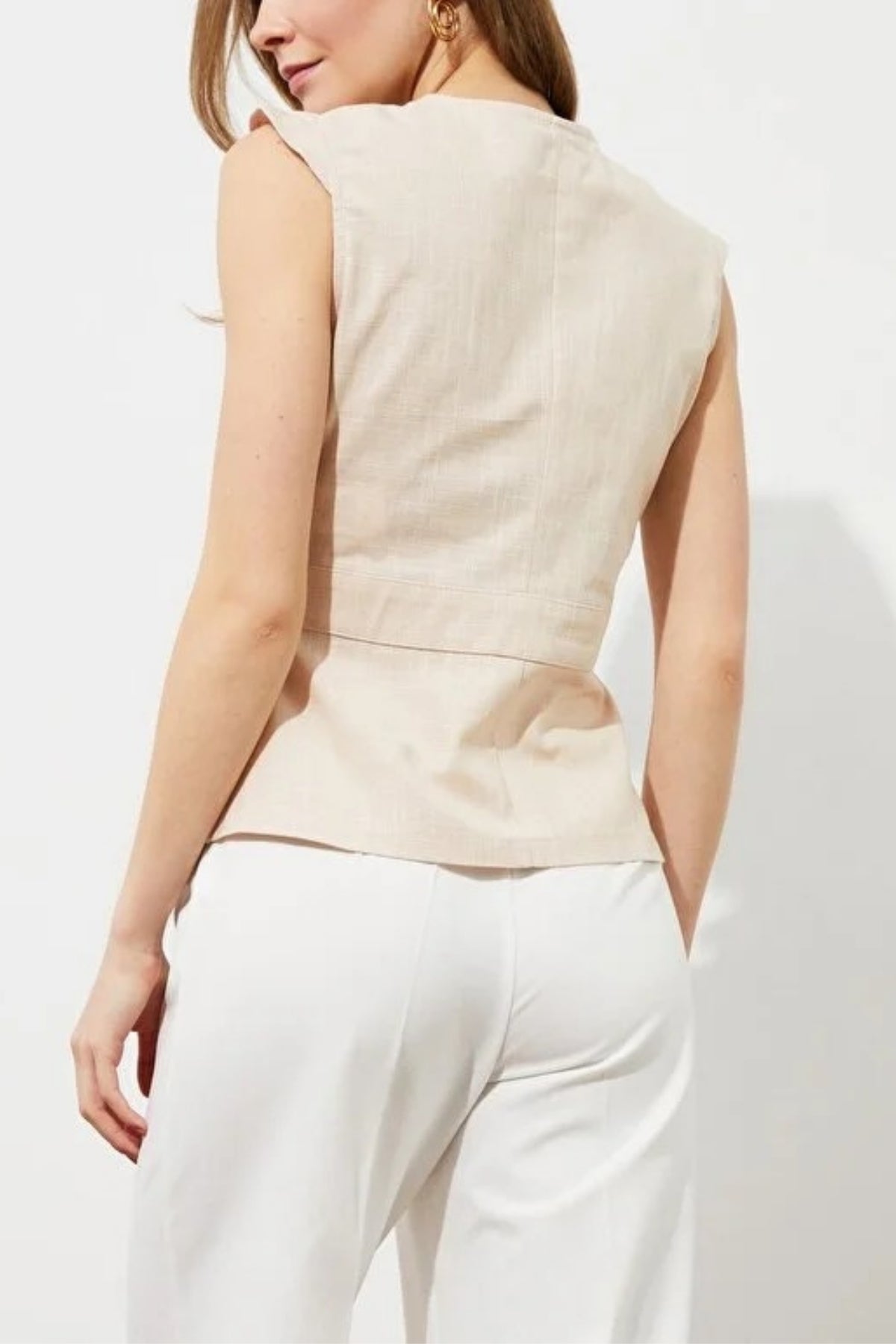 Double-Breasted Woven Blouse with Bone Button Detail