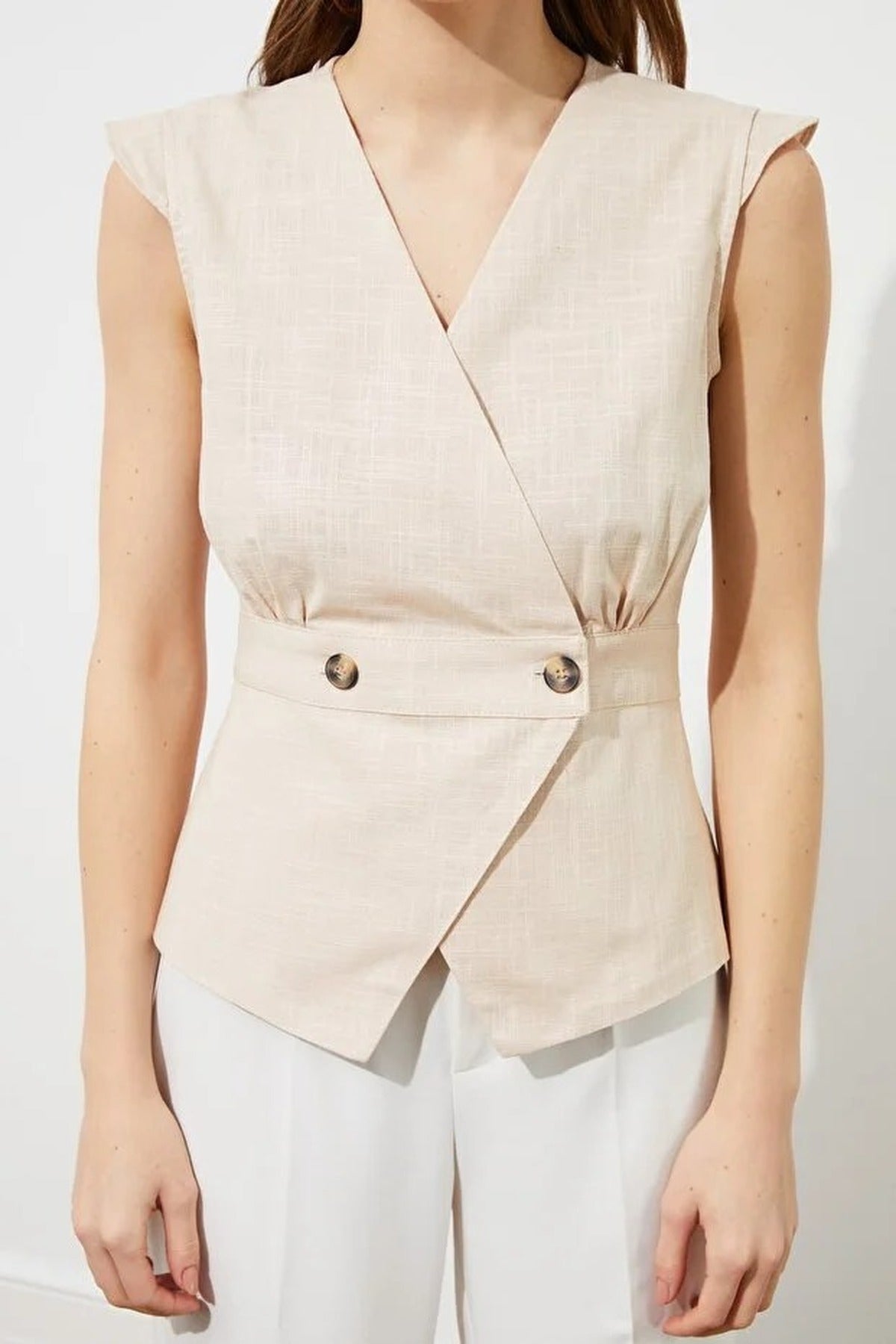 Double-Breasted Woven Blouse with Bone Button Detail