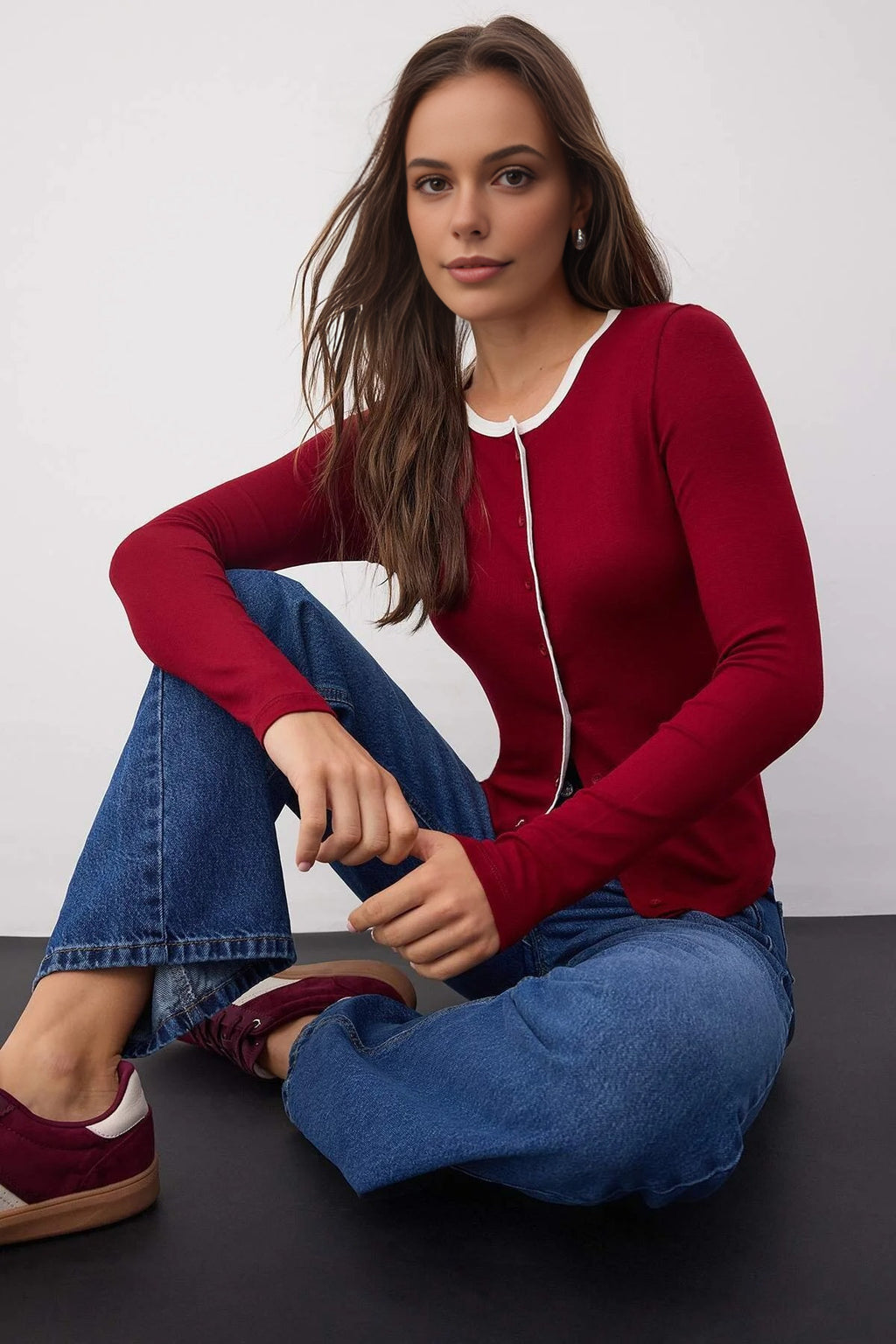 Color Block Knit Blouse with Button Details