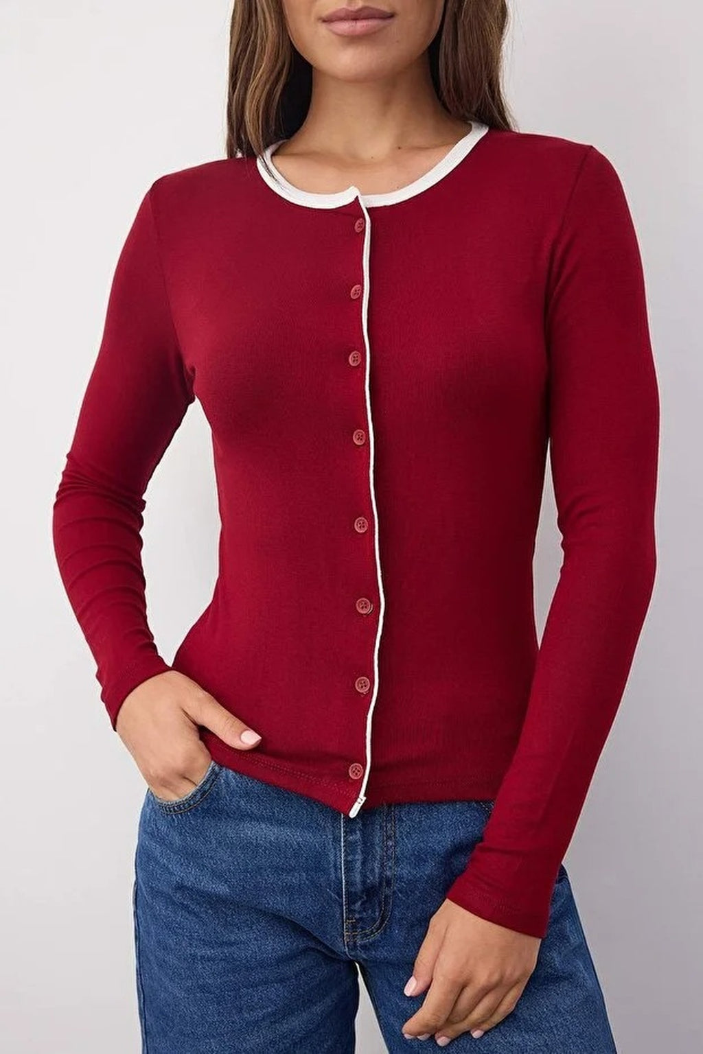 Color Block Knit Blouse with Button Details