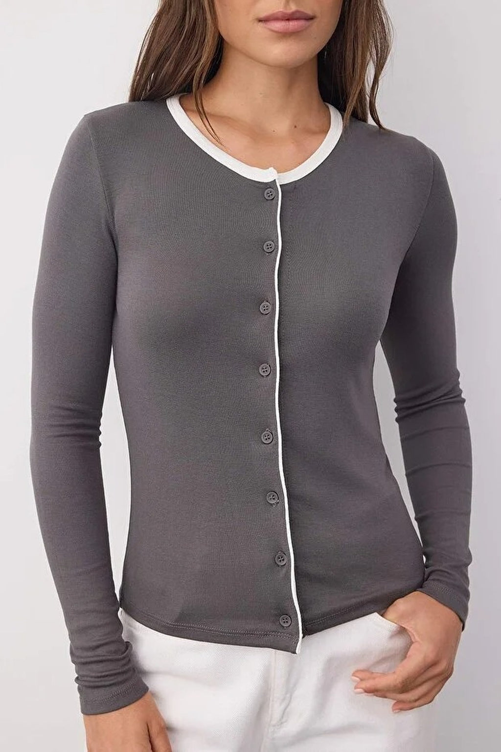 Color Block Knit Blouse with Button Details