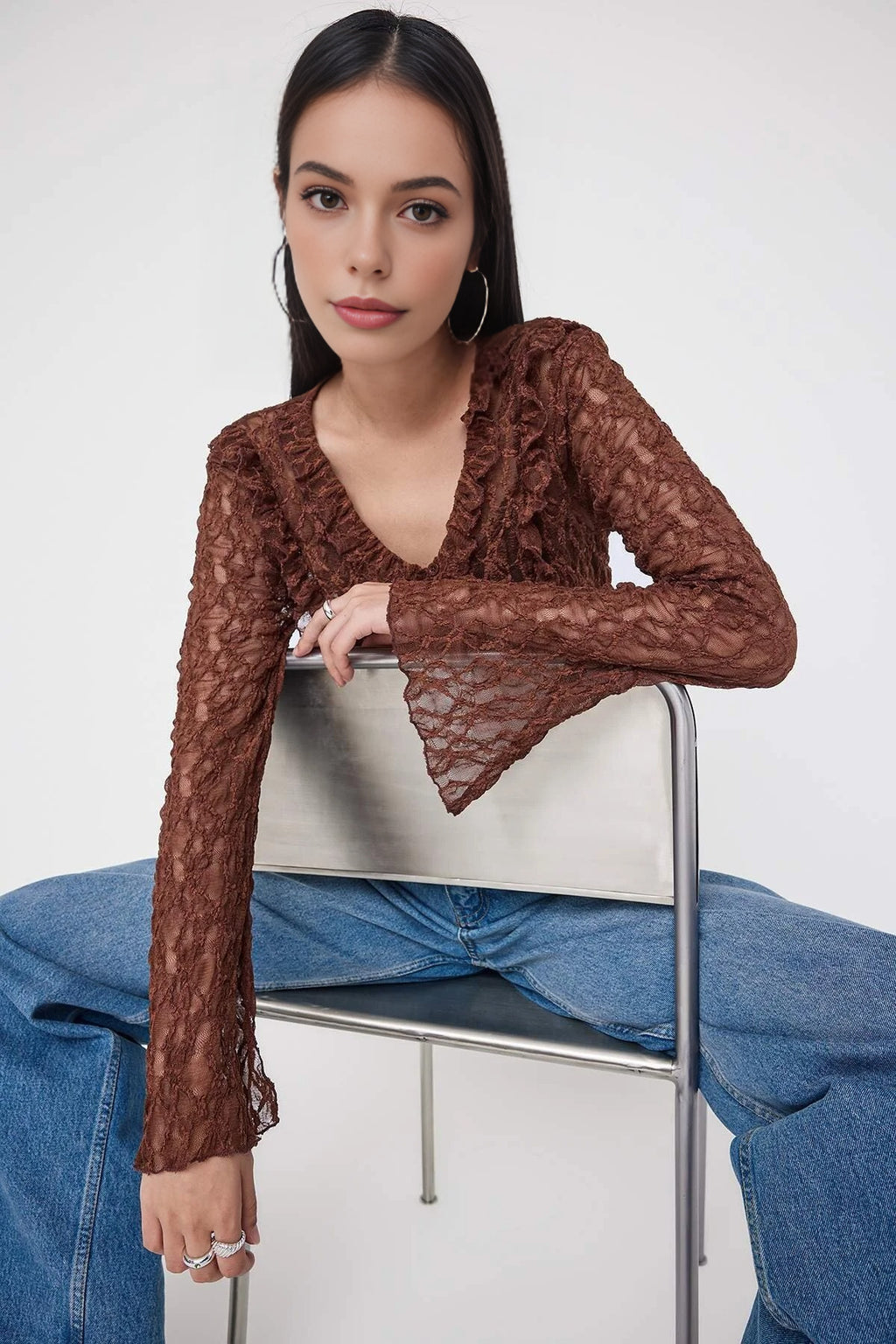 Flare Sleeve Knit Blouse with Ruffle & Lace Detail