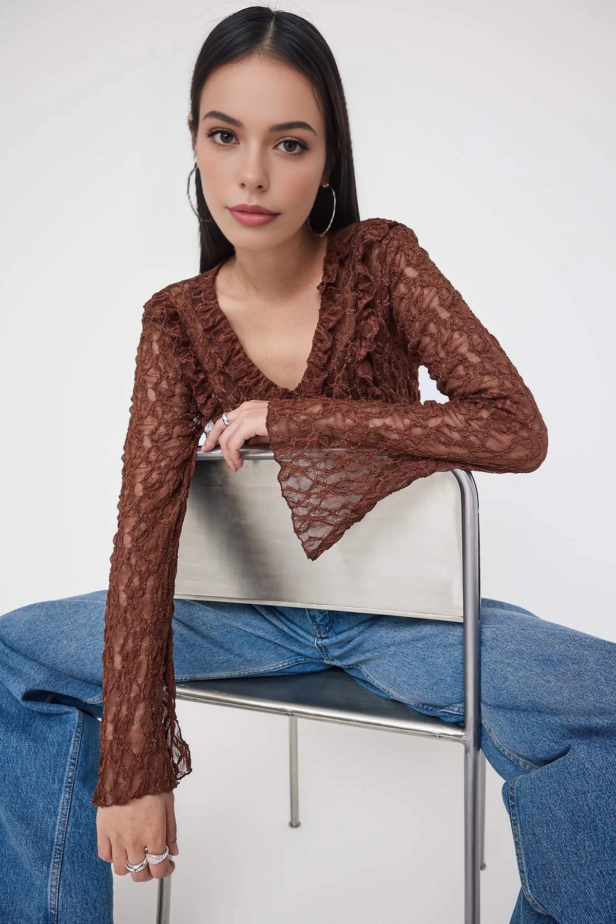 Flare Sleeve Knit Blouse with Ruffle & Lace Detail