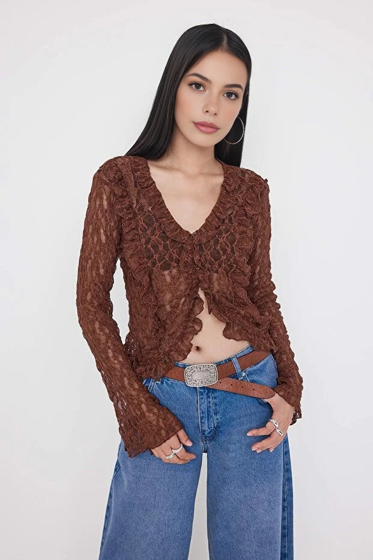 Flare Sleeve Knit Blouse with Ruffle & Lace Detail