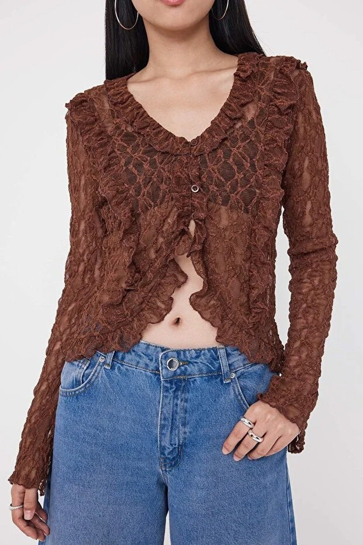 Flare Sleeve Knit Blouse with Ruffle & Lace Detail
