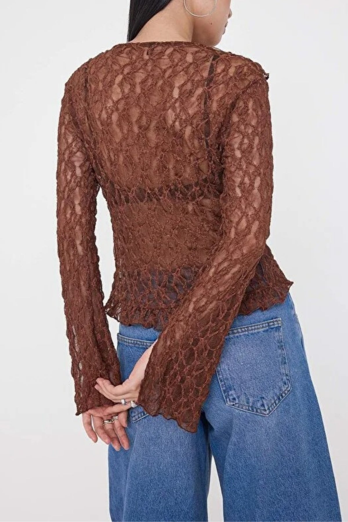 Flare Sleeve Knit Blouse with Ruffle & Lace Detail