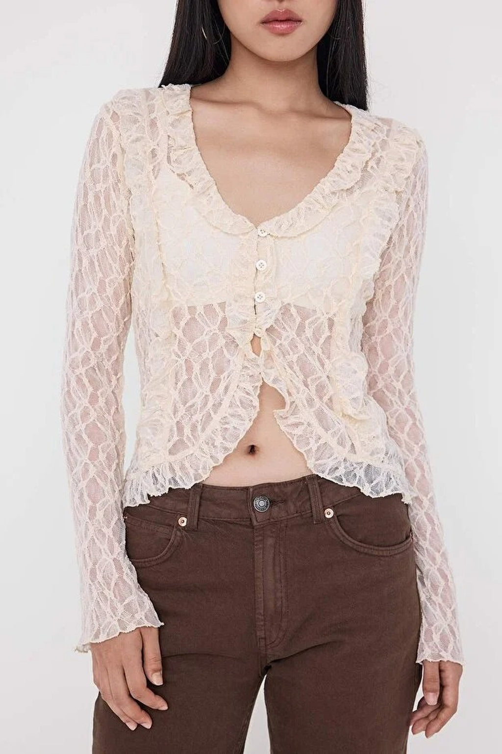 Flare Sleeve Knit Blouse with Ruffle & Lace Detail