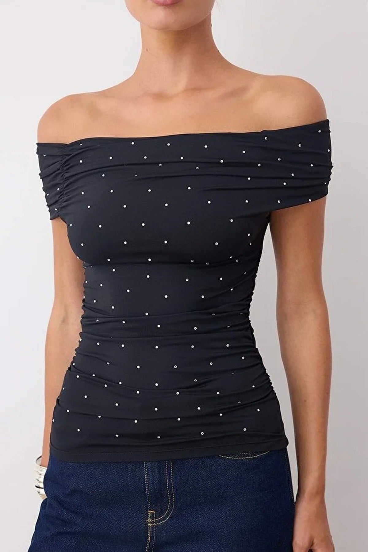 Stone Print Carmen Collar Knit Party Blouse