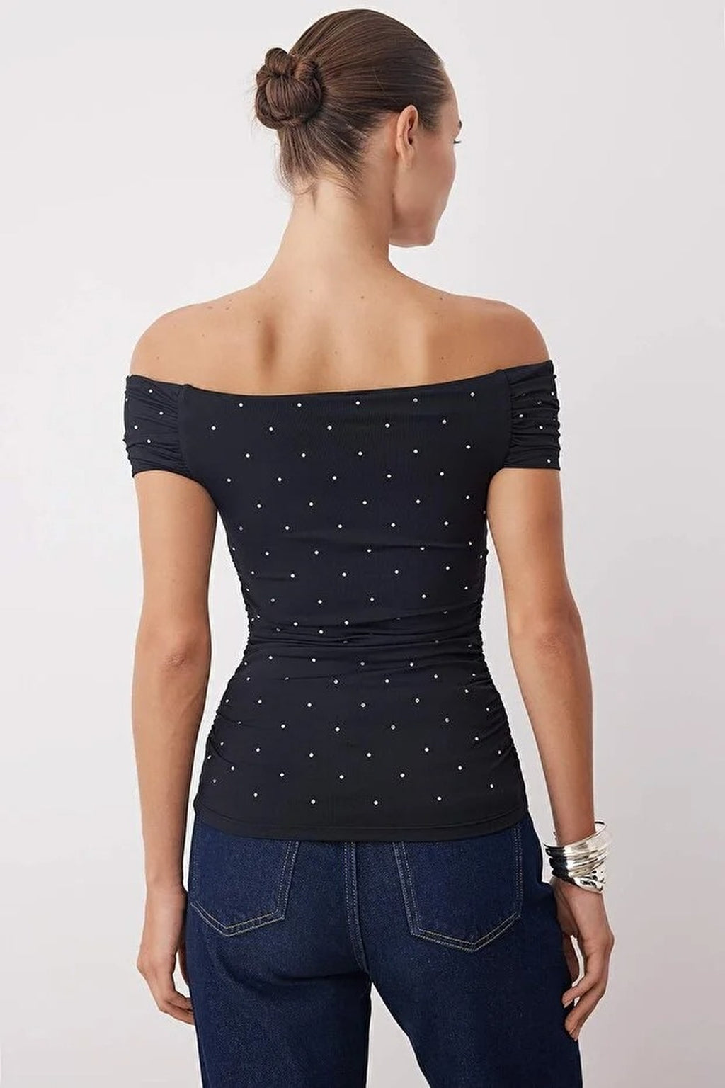 Stone Print Carmen Collar Knit Party Blouse