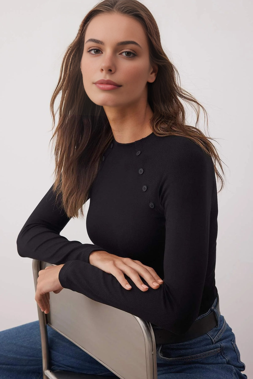 Stand Collar Knit Blouse with Button Detail