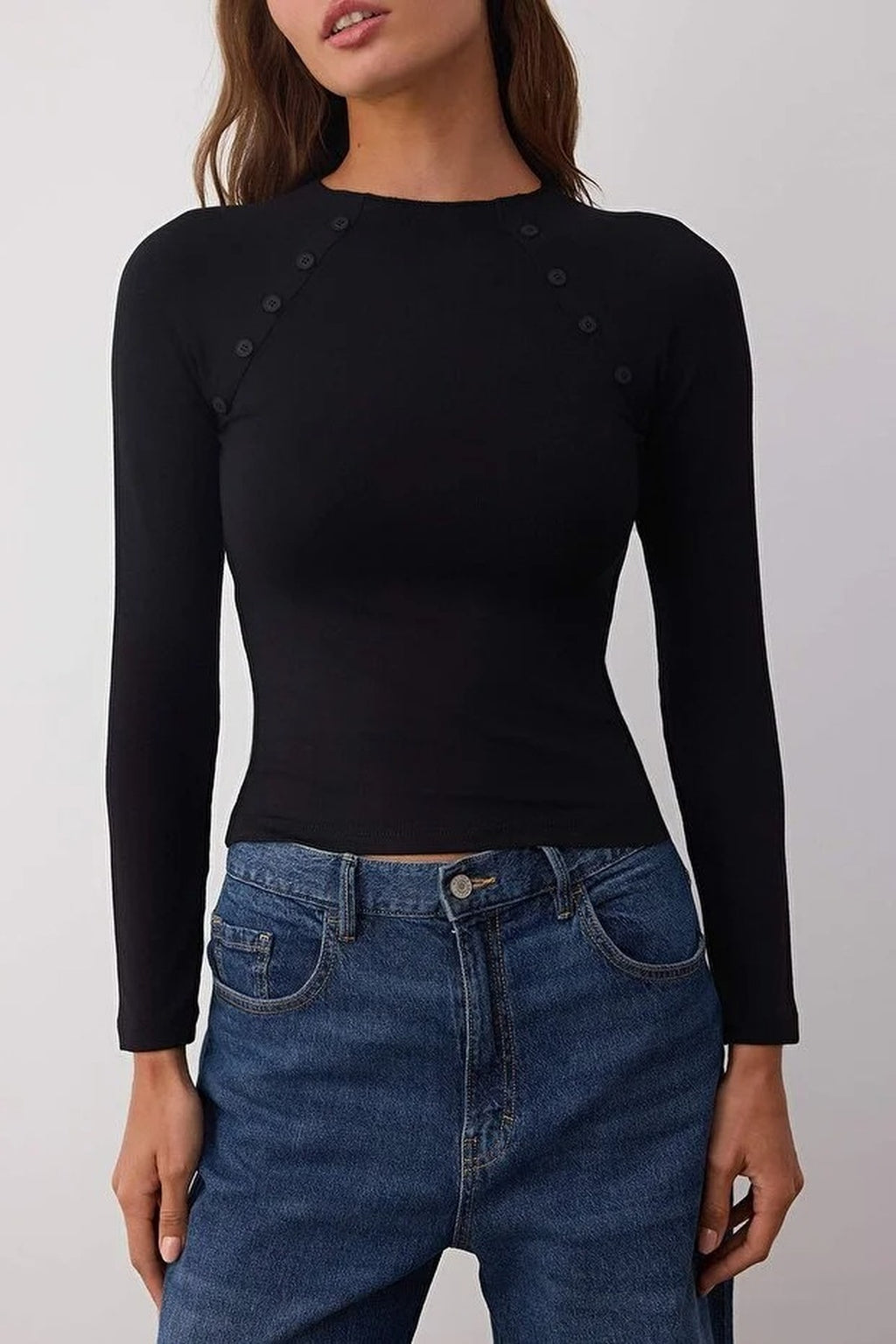 Stand Collar Knit Blouse with Button Detail