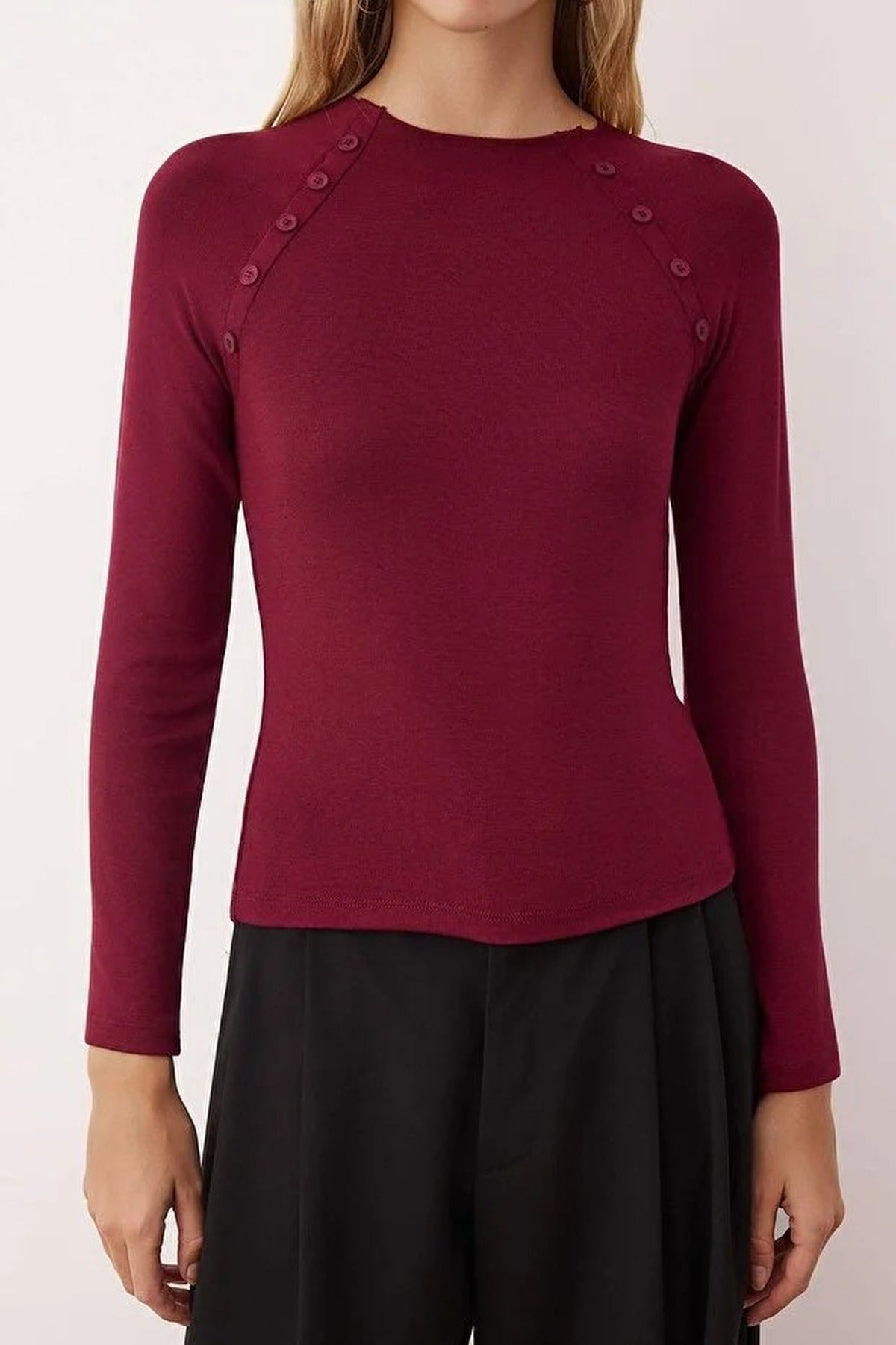 Stand Collar Knit Blouse with Button Detail