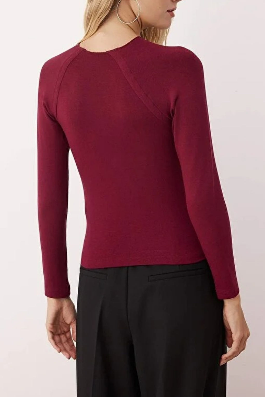 Stand Collar Knit Blouse with Button Detail