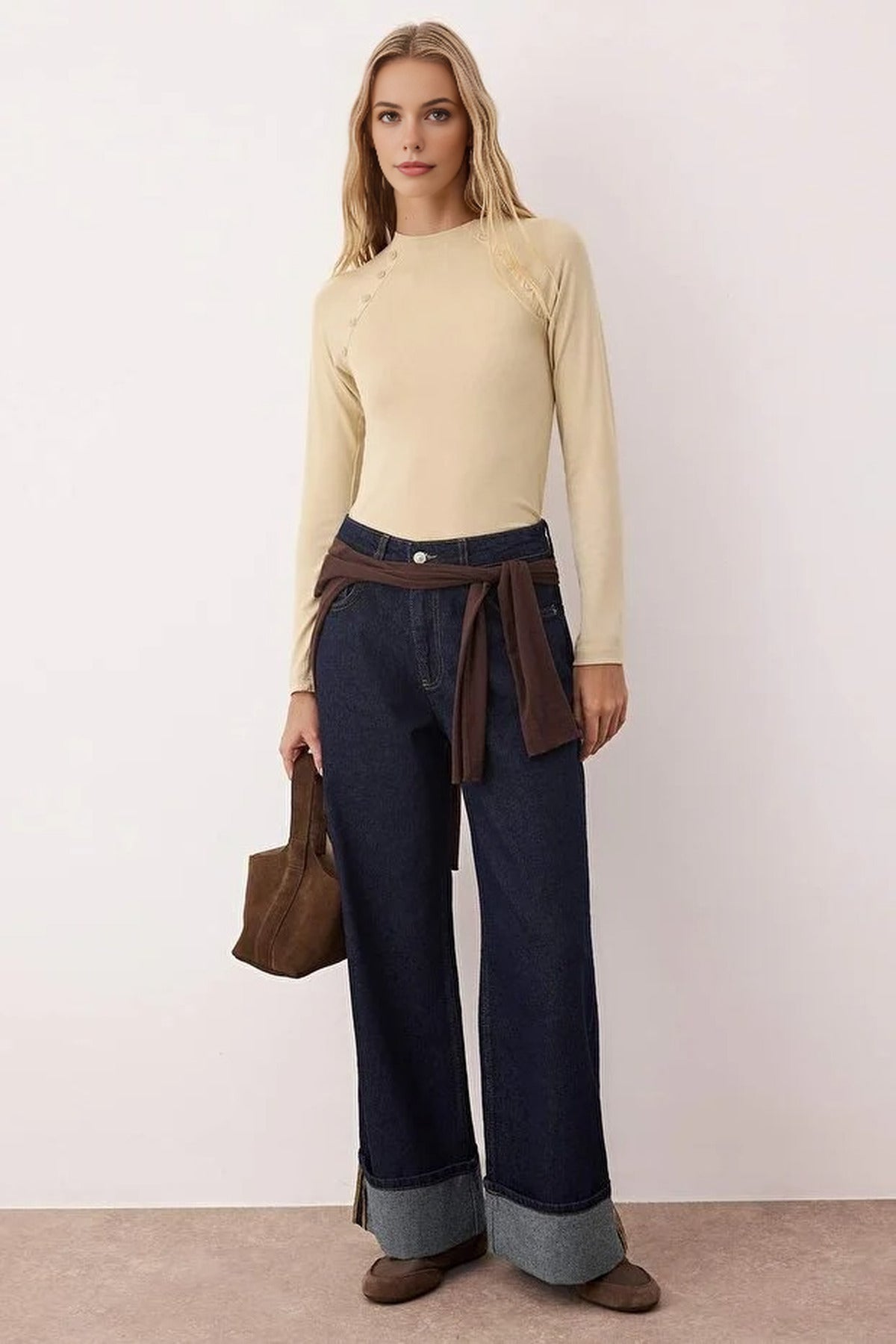 Stand Collar Knit Blouse with Button Detail