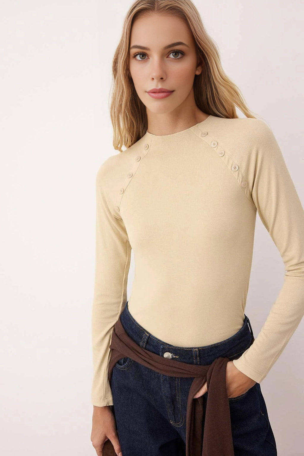 Stand Collar Knit Blouse with Button Detail